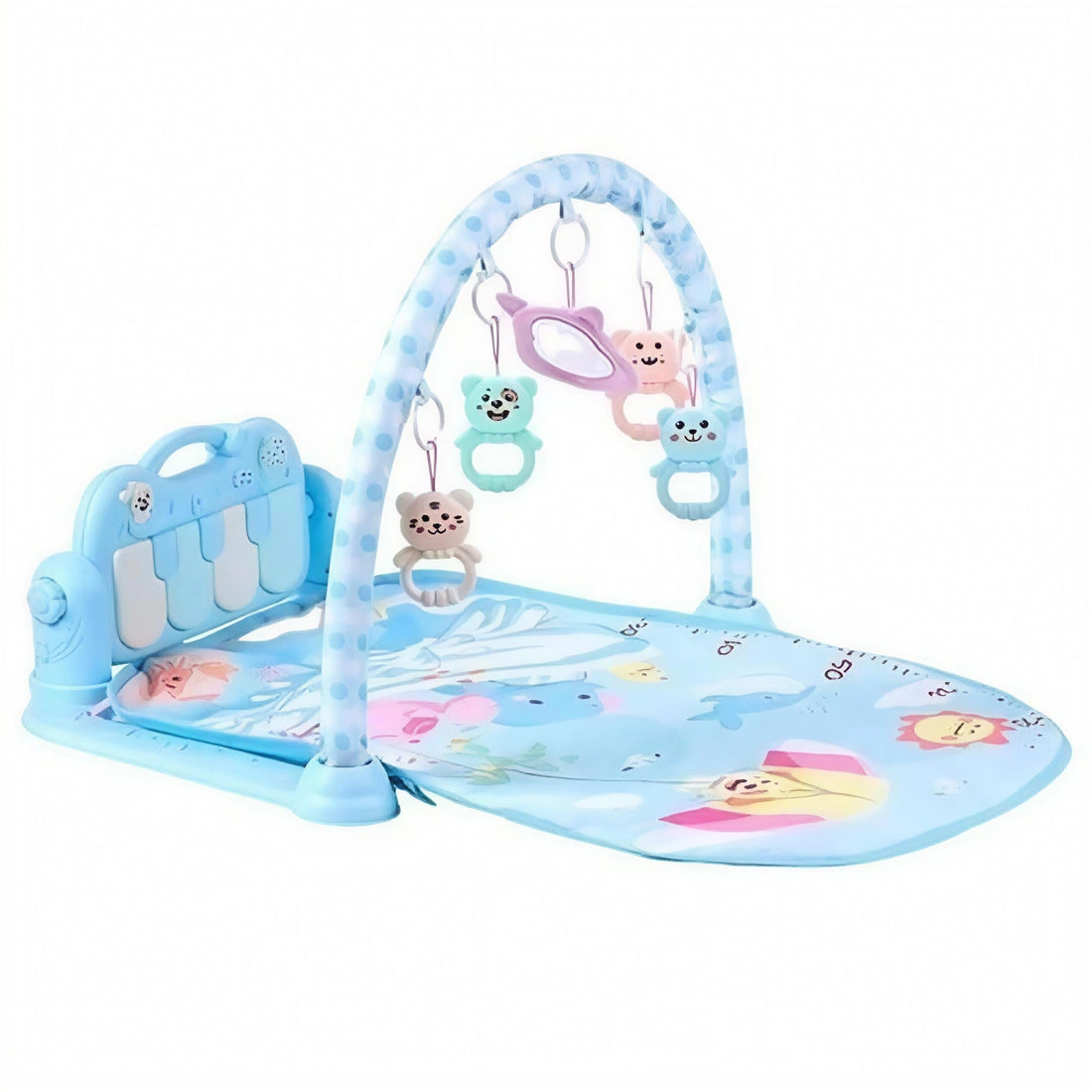 Play and kick Floor Baby Mat and Play Piano Gym Mat - Infants Musical Activity Center with 5 Hanging Sensory Toys and Early Education Floor Playmat