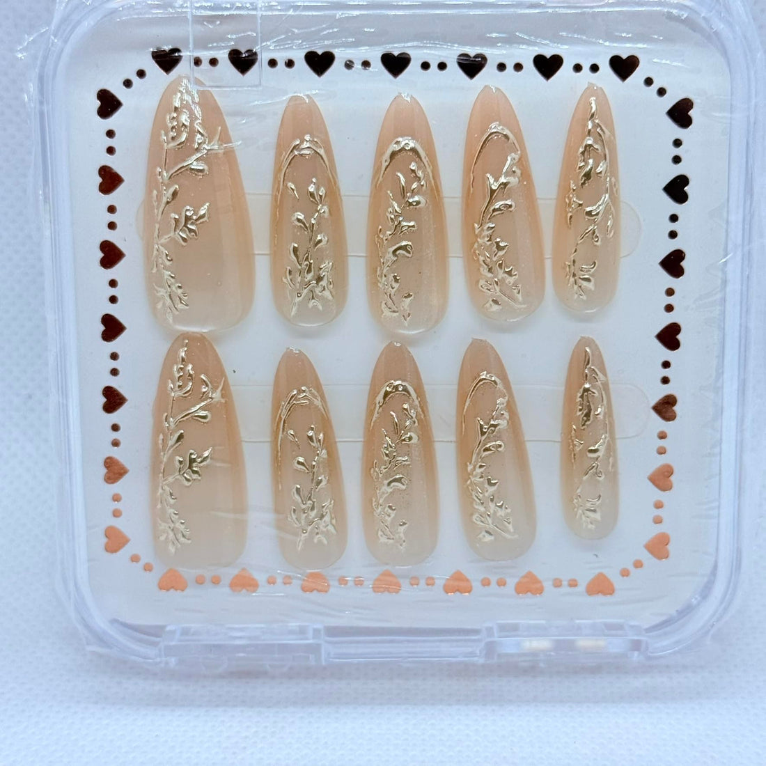 Premium Press On Nails Set – Long & Glossy False Nails with Gold, Silver & Black Details – Reusable, Salon Quality - 6 different sets (Light Beige & Gold)