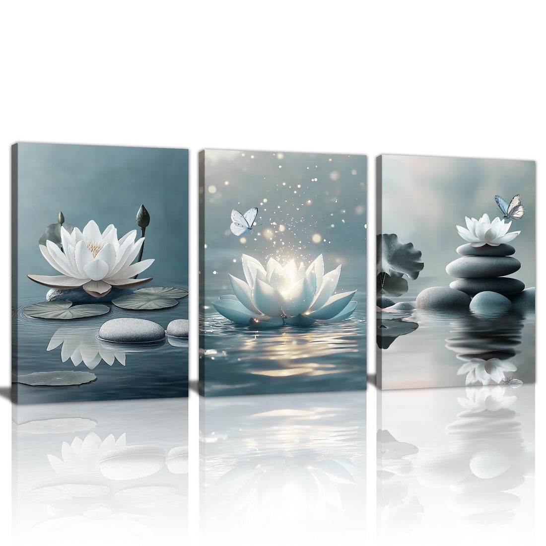 3Pcs Calm Zen Botanical Canvas Wall Art, White Lotus Blooming on Stones in Water Aesthetic Wall Pictures Yoga Spa Meditation Room Painting Decor Spiritual Poster Art Prints for Zen Office 12"x16"x3