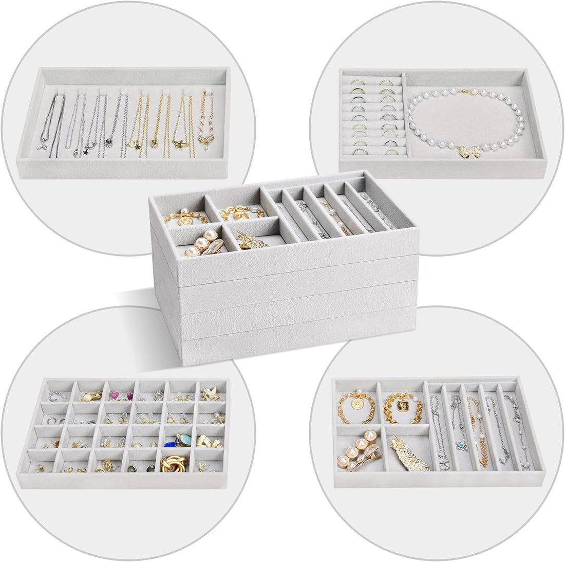 Plan A Jewelry Drawer Organizer, Stackable Velvet Trays, Earring Organizer, Necklace Jewelry Display Tray, 4 Drawer Storage Organizer for Necklaces, Bracelets, Brooches, Watches, Stackable Shelves