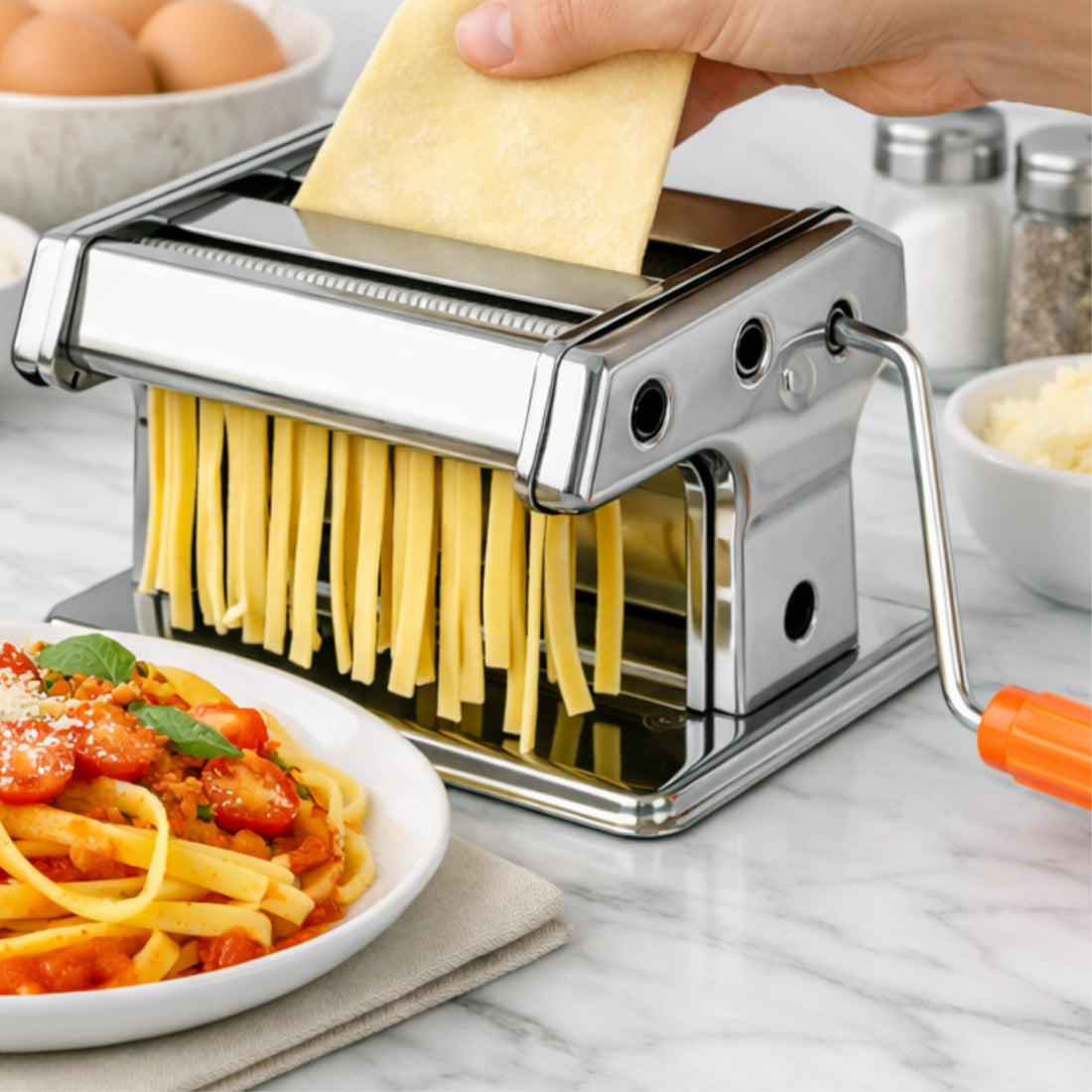 Pasta Machine, Spaghetti, Lasagna, Fucchini Maker, Homemade Noodle Maker, Adjustable Dough Thickness, Silver Stainless Steel, High Quality