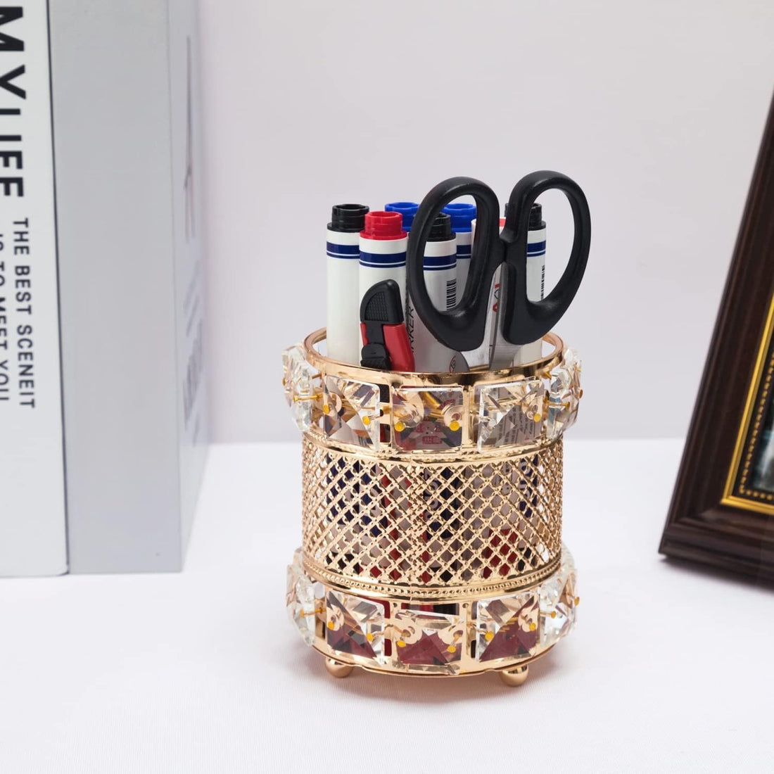 Gold Crystal Cosmetic Brush Holder – Elegant Makeup Organizer Cup for Vanity Table, Storage for Beauty Brushes, Eyeliners, Pens and Small Accessories