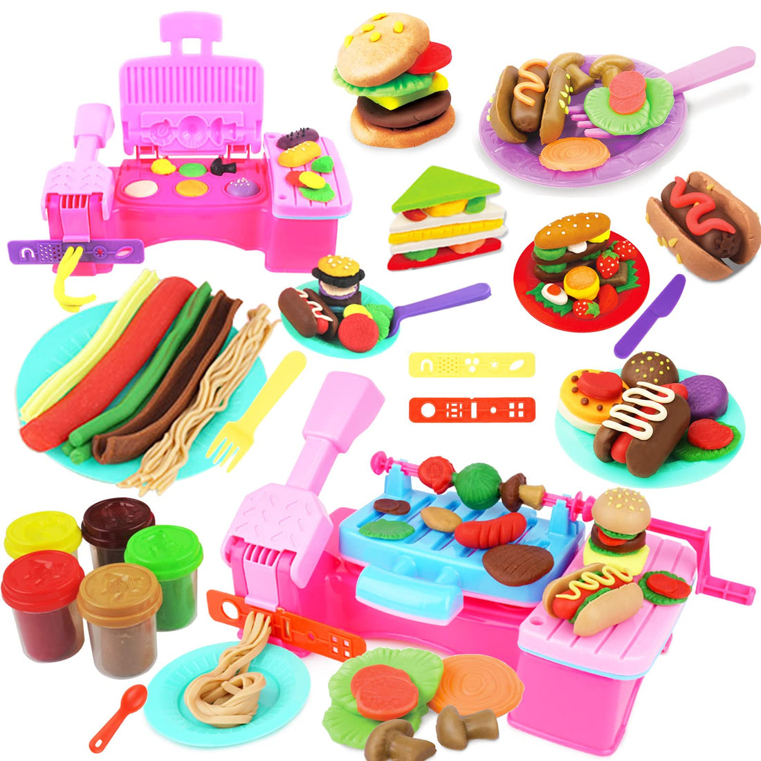Color Dough Set Kitchen Creations Tools Kit for Kids Grill Barbecue Burger Noodle Pasta Machine Pretend Chef Clay Dough Modeling Kit for Kids 3 Years Old and Up Gift Set