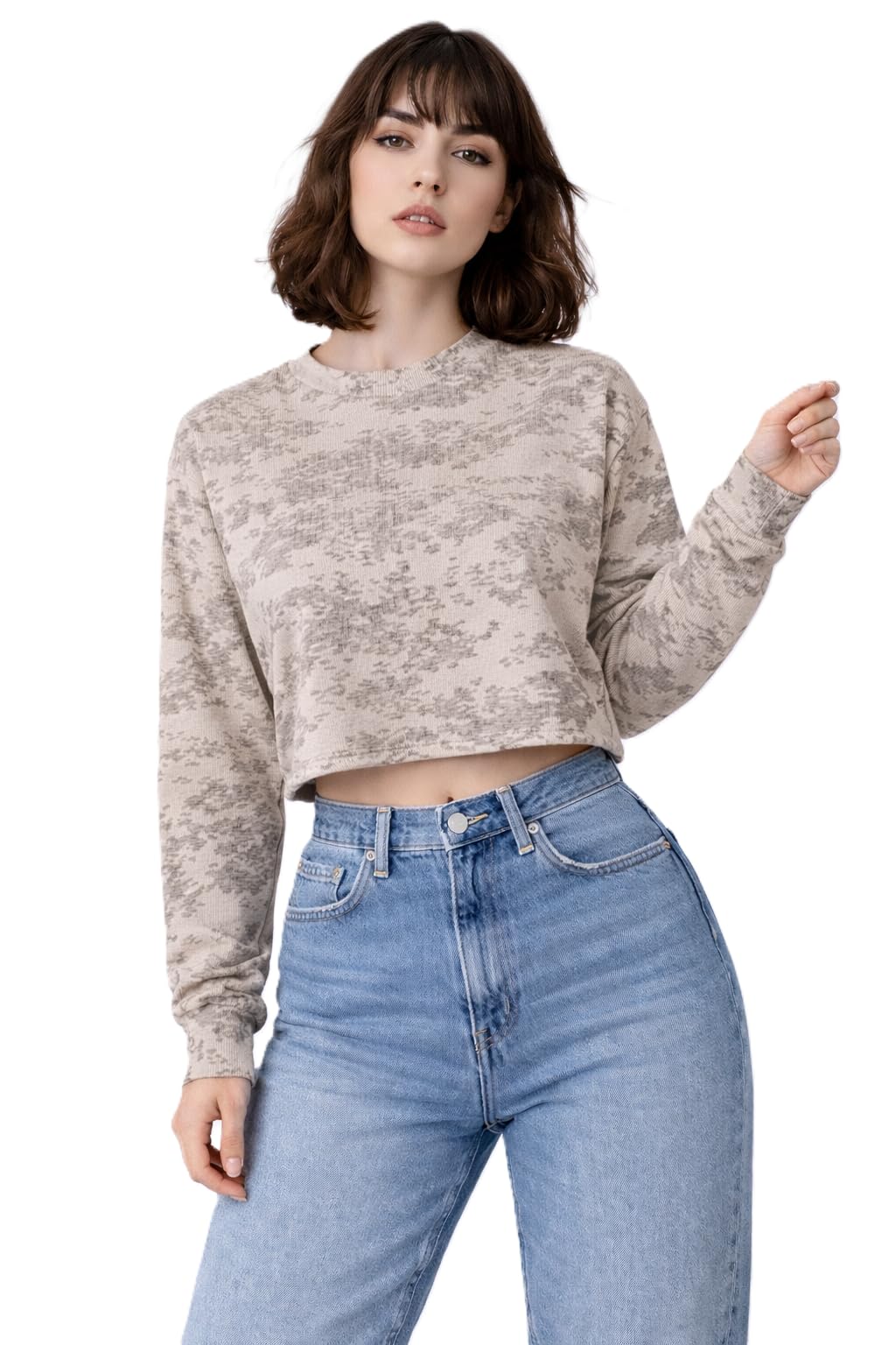 Women's Long Sleeve Crop Sweatshirt, Fashion Short Cut, Soft Ribbed Material, One Size 45-85 Kg, Suitable for College and Daily Outings