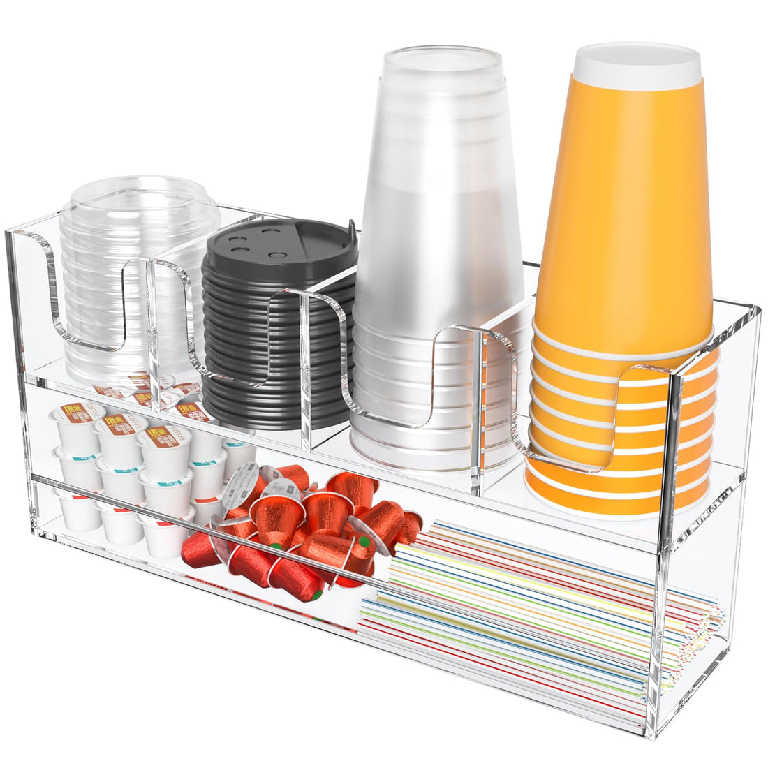 BEST MEDIA 5-Compartment 2-Tier Acrylic Cup Dispenser, Anti-Slip Coffee Station Organizer for Countertop Breakroom Bar, Paper Cup Lids & Condiment Storage Holder, Clear