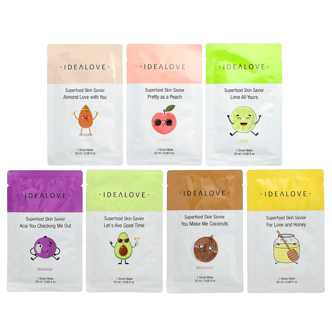 Idealove, Superfood Skin Savior Variety Pack, 7 Beauty Sheet Masks, 0.68 fl oz (20 ml) Each