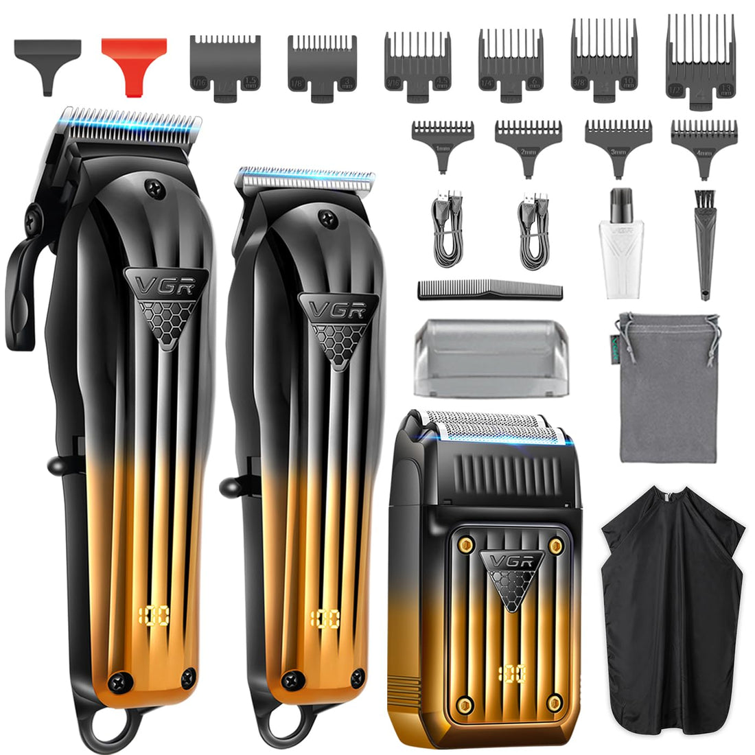 VGR 644 Hair Clippers for Men Professional, Cordless Beard Trimmer & Electric Razor Shavers for Men, Rechargeable 3 Piece Barber Hair Cutting Kit LED Display Men's Grooming Kit