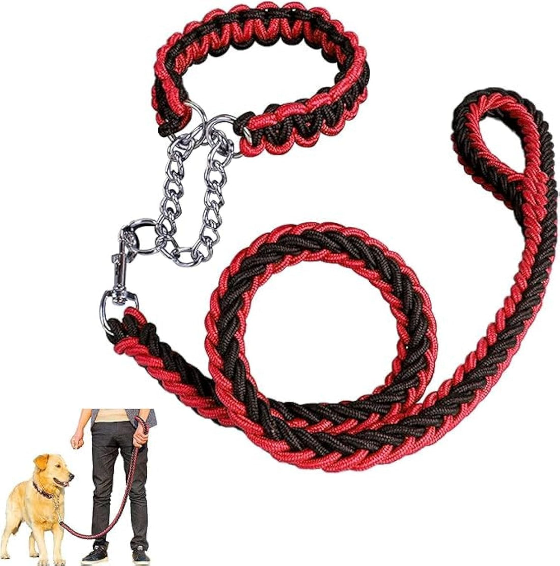 Dog Rope Heavy Duty Dog Woven Leash Collar Set Nylon Eight Strand Braided Lead Pet Walking Training Rope Non-slip Handle Collar for Large and XLarge Dogs (Black&Red)
