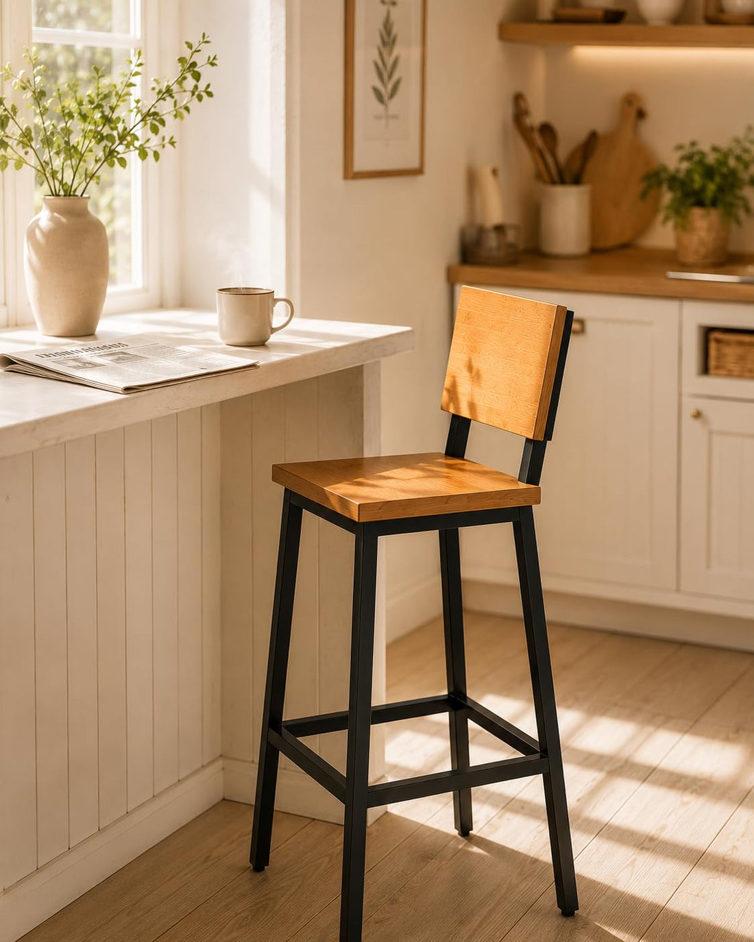 IRONWOOD Breakfast Bar Stool - Natural Wood Back Support - Stylish & Lightweight High Chair for Morning Nooks & Sunny Kitchens (75cm Seat)