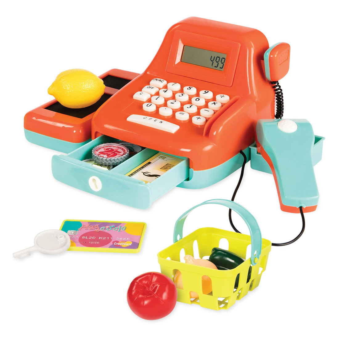 Battat - Interactive Kids Cash Register with Scanner & Sounds - 26-Piece Pretend Play Shopping Set with Light-Up Scanner, Play Money & Card - Educational Toy for Learning & Fun - Ages 3+