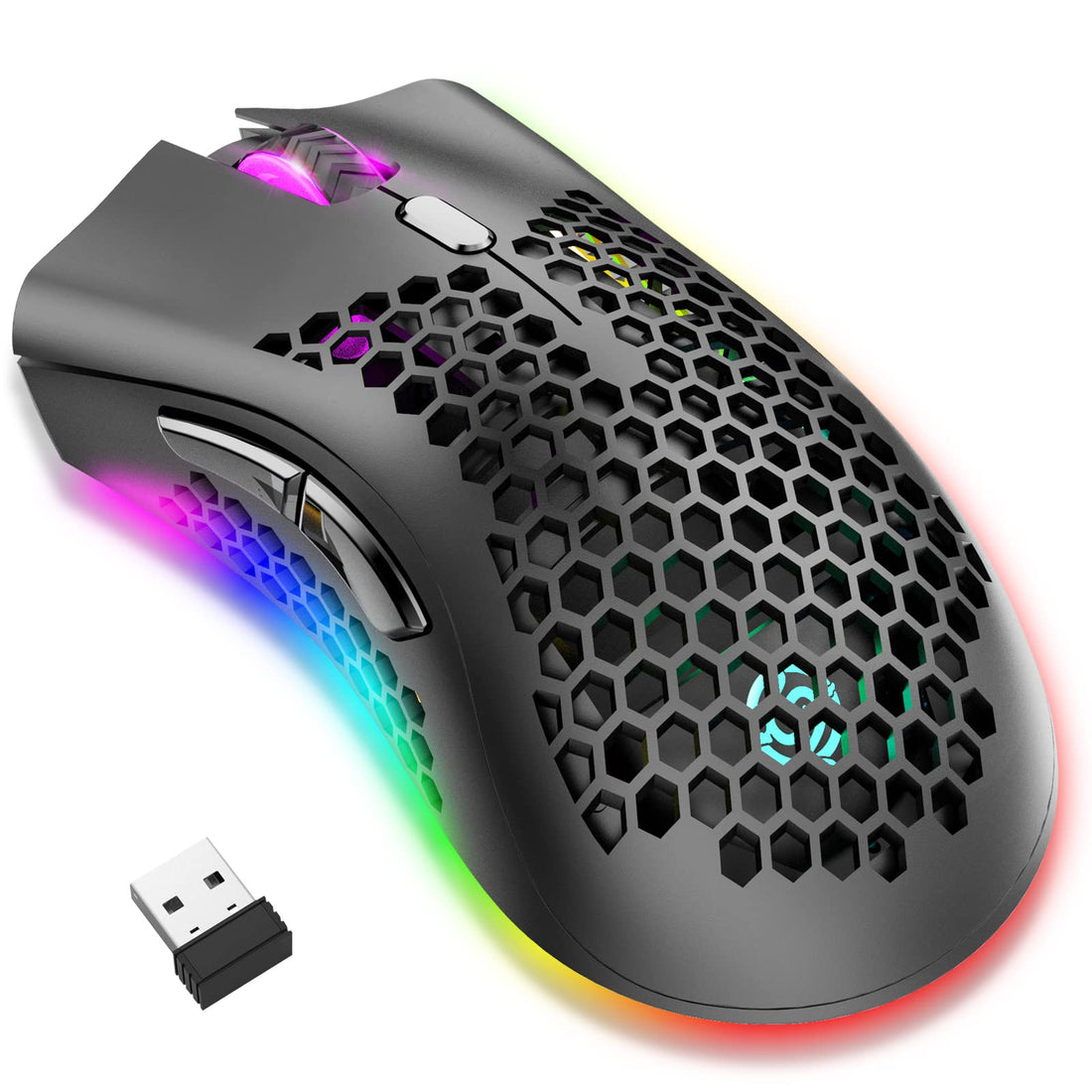 Wireless Gaming Mouse - Lightweight Honeycomb Design, Rechargeable RGB Backlight Computer Mouse with USB Receiver, Adjustable DPI, 2.4GHz Wireless for PC/Mac/Laptop