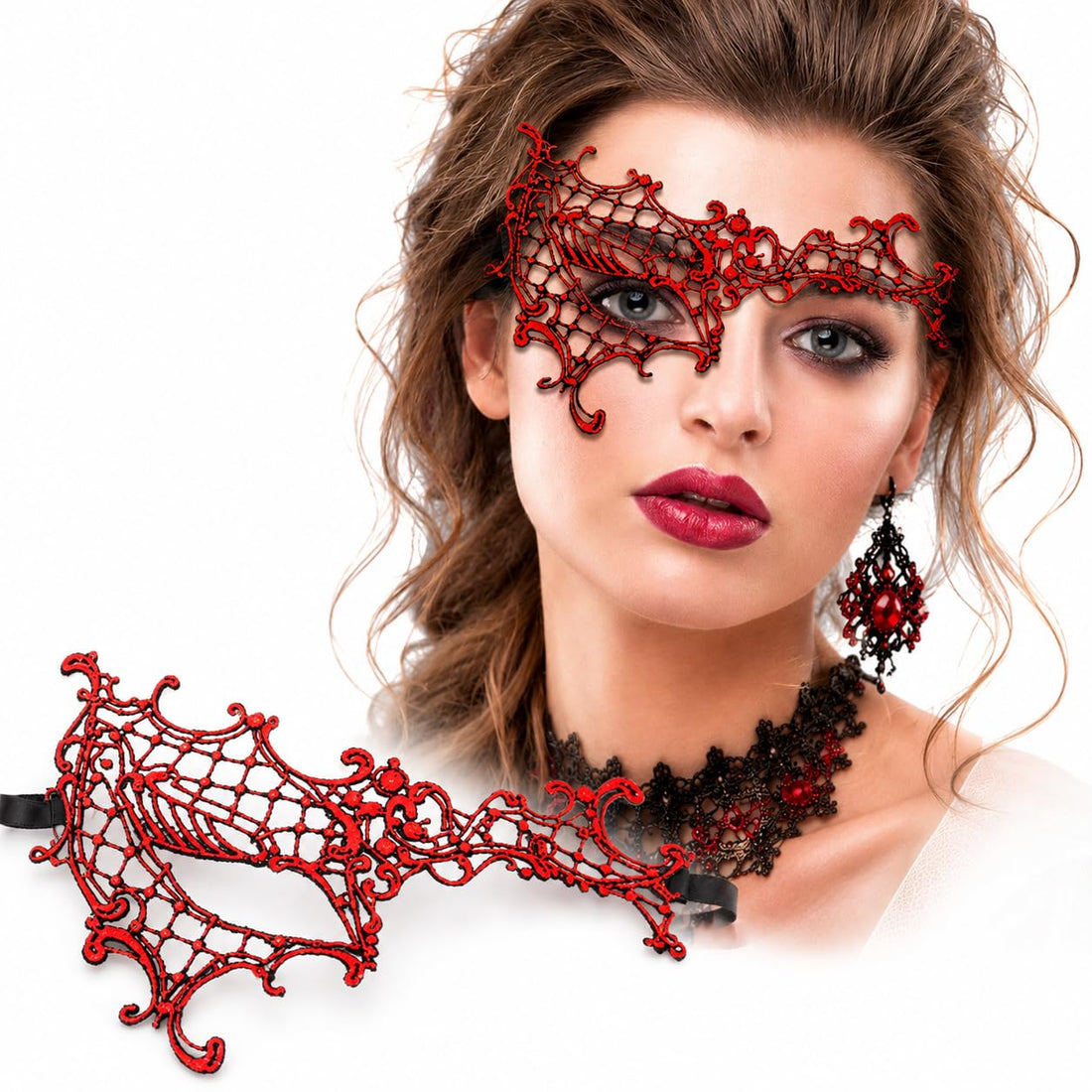 AmazingEGP | Masquerade Mask, Red Lace, One-Eye Design, Gold Pattern Details, Unisex, Elastic Strap, for Costume Parties, Halloween, Cosplay