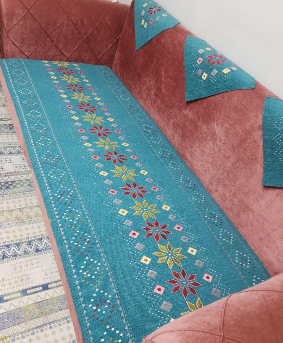 Khoyot Couch Linens Cover Set for Sofa, Couch, & Chair with Rose Pattern, 4 Pieces – Turquoise