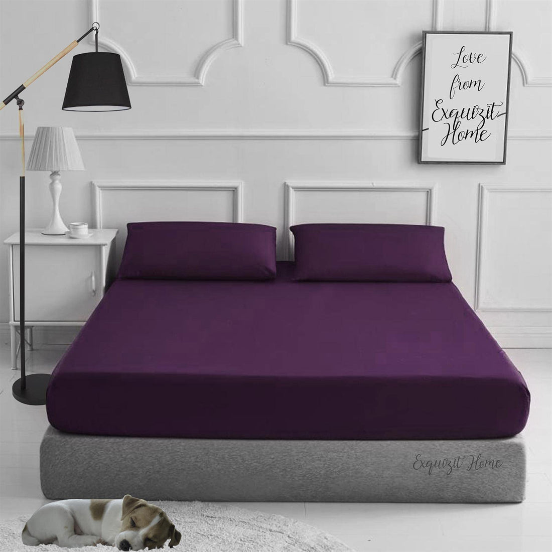 Fitted Bed Sheet with Pillowcases Pack of 2 – Plain Dyed Poly Cotton Percale Easy Care 180TC Bed Sheet, Soft & Durable 50% Cotton 50% Polyester (Plum–Double)