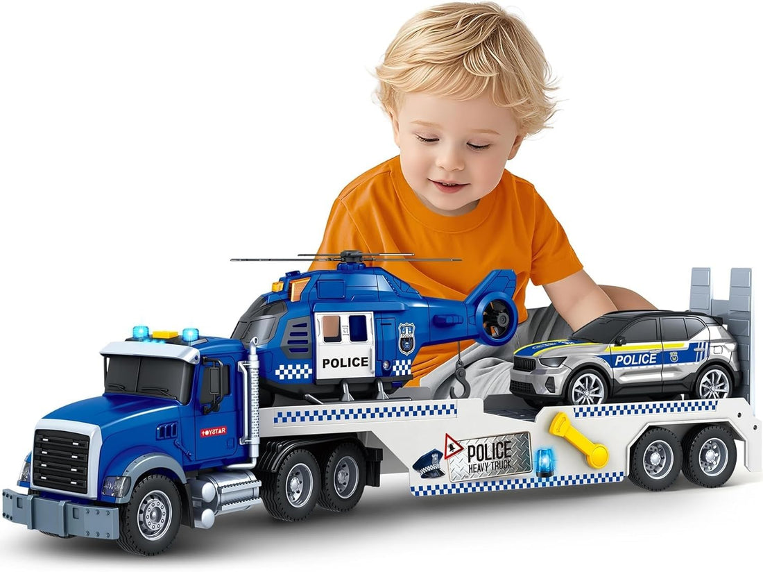 TOYS LAND Large Semi Police Truck Toy with Car & Helicopter, Friction Powered Flatbed Carrier Truck with Lights and Sounds, Birthday Gifts Vehical Toys for Kids Boys and Girls Ages 3 4 5 6 Years