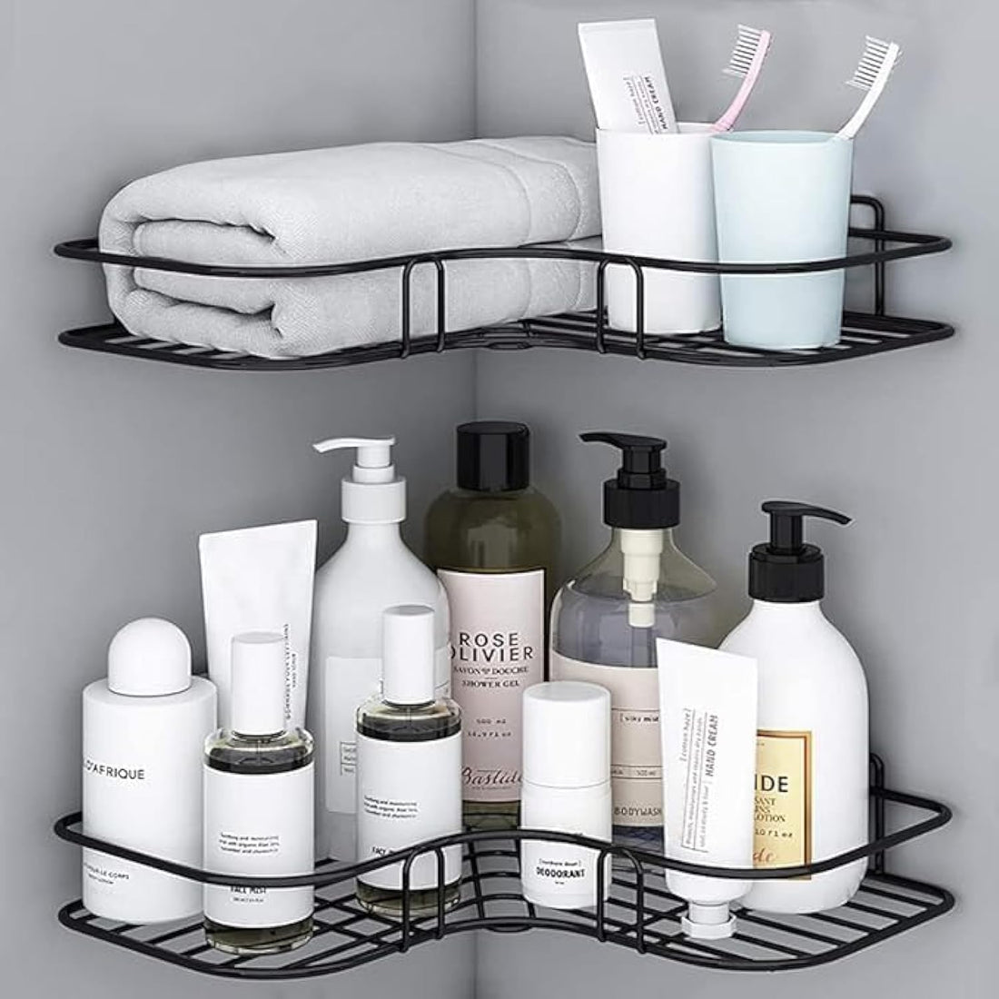 QSHOPHanging Bathroom Shelf, Adhesive Wall Mounted Metal Shelf, Bathroom Shelves, Storage Rack, Hanging Organizer with Corner for Shampoo, Kitchen Shelf Holder, Stainless Steel (1 Piece) (Black)