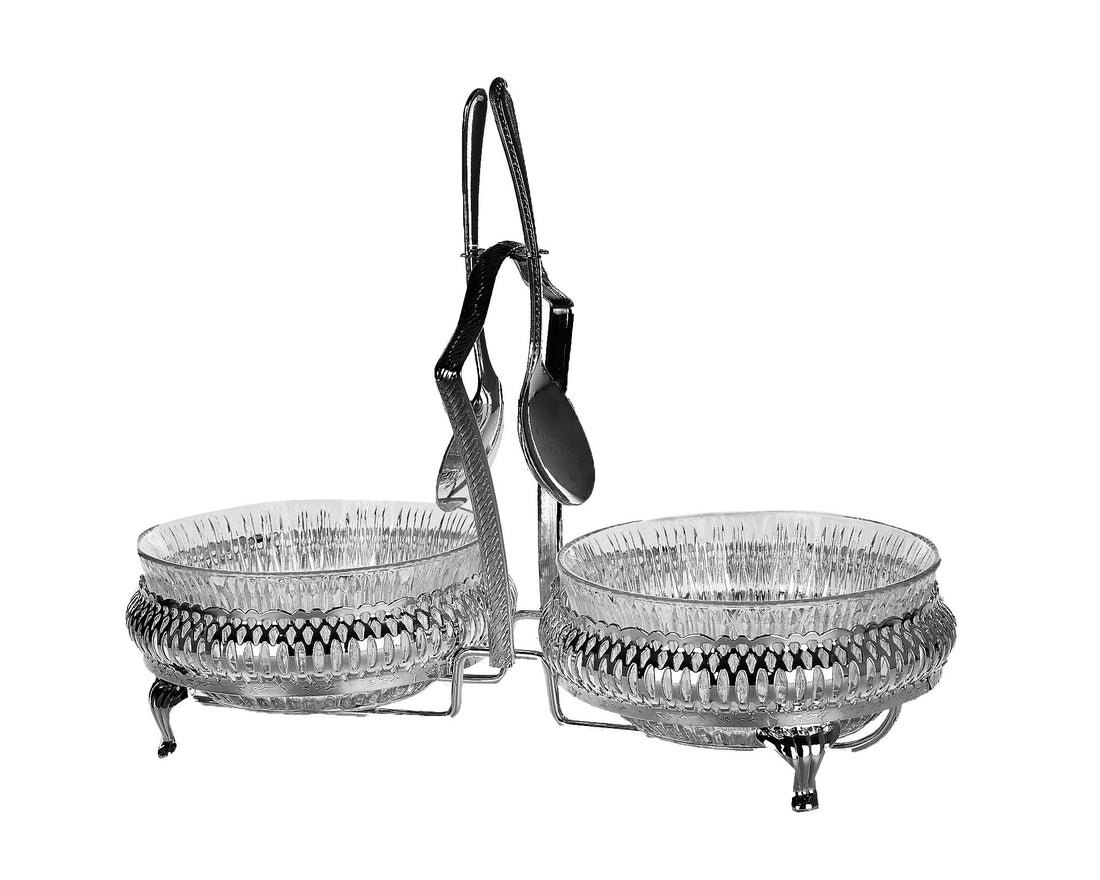 Queen Anne silver plated round jam serving dish Duo with stand + 2 glass plates . 0/4333