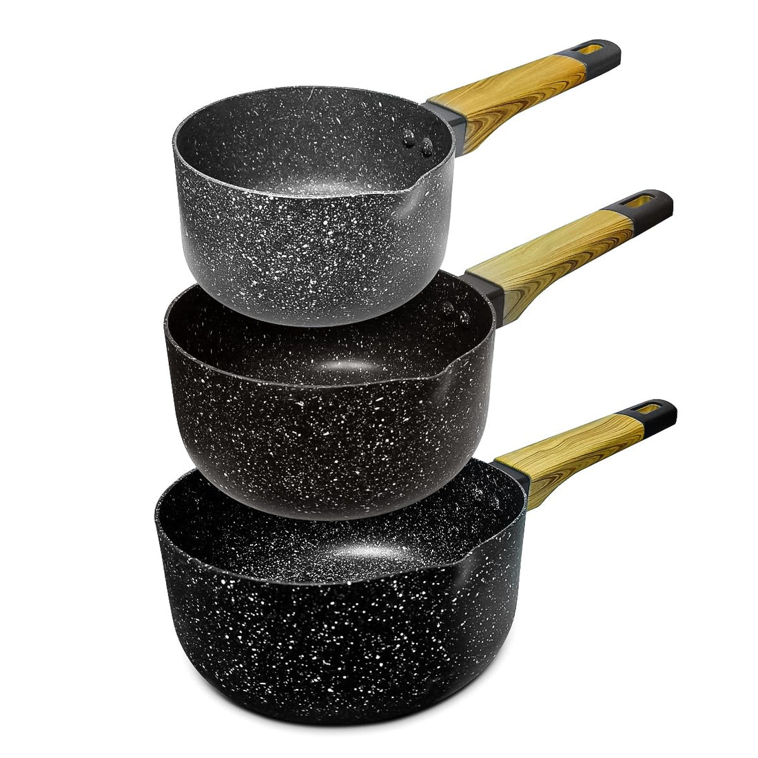 Granite Sauce Pan Set, Cookware Set, 3 Piece, 14/16/18 CM, Non-Stick, PFOA Free, Gas Stoves, High Rim Induction Pan, Soft Touch