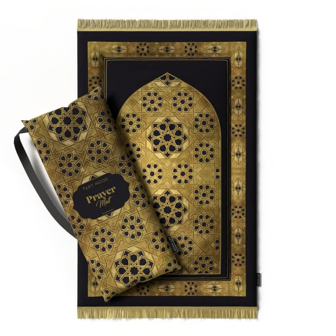 ART MOOD HOME Prayer Mat Exquisite, Velvet with Elegant Design, Soft Low Pile with Supportive Cushioning, Lightweight and Foldable for Home and Mosque, 117L × 68W cm, Gold and Black