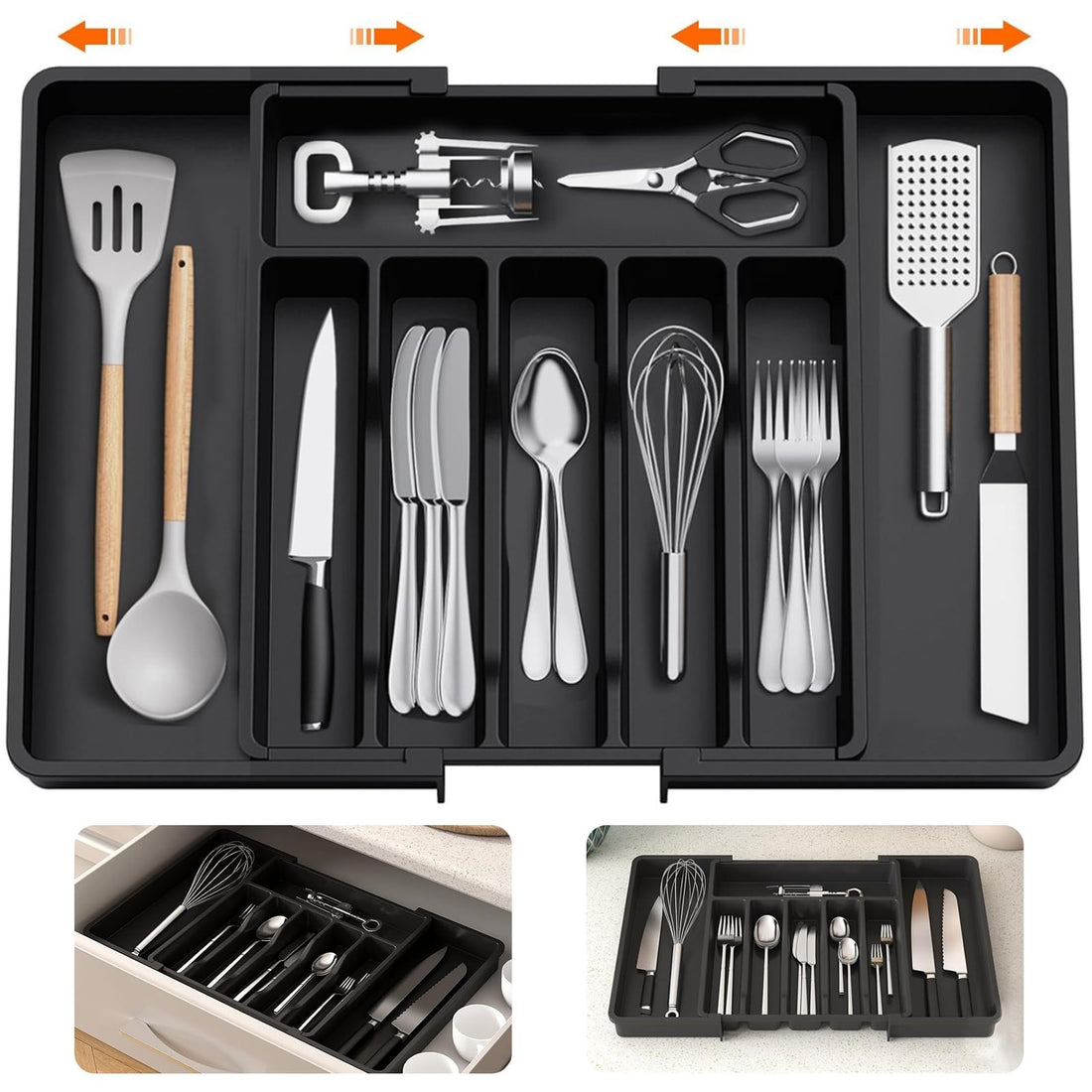 Cutlery Organizer - Expandable Utensil Organizer for Kitchen Drawers,Adjustable Cutlery and Flatware Tray,Kitchen Plastic Spoons Forks Knives Holder Storage Dividers(Large, Black)