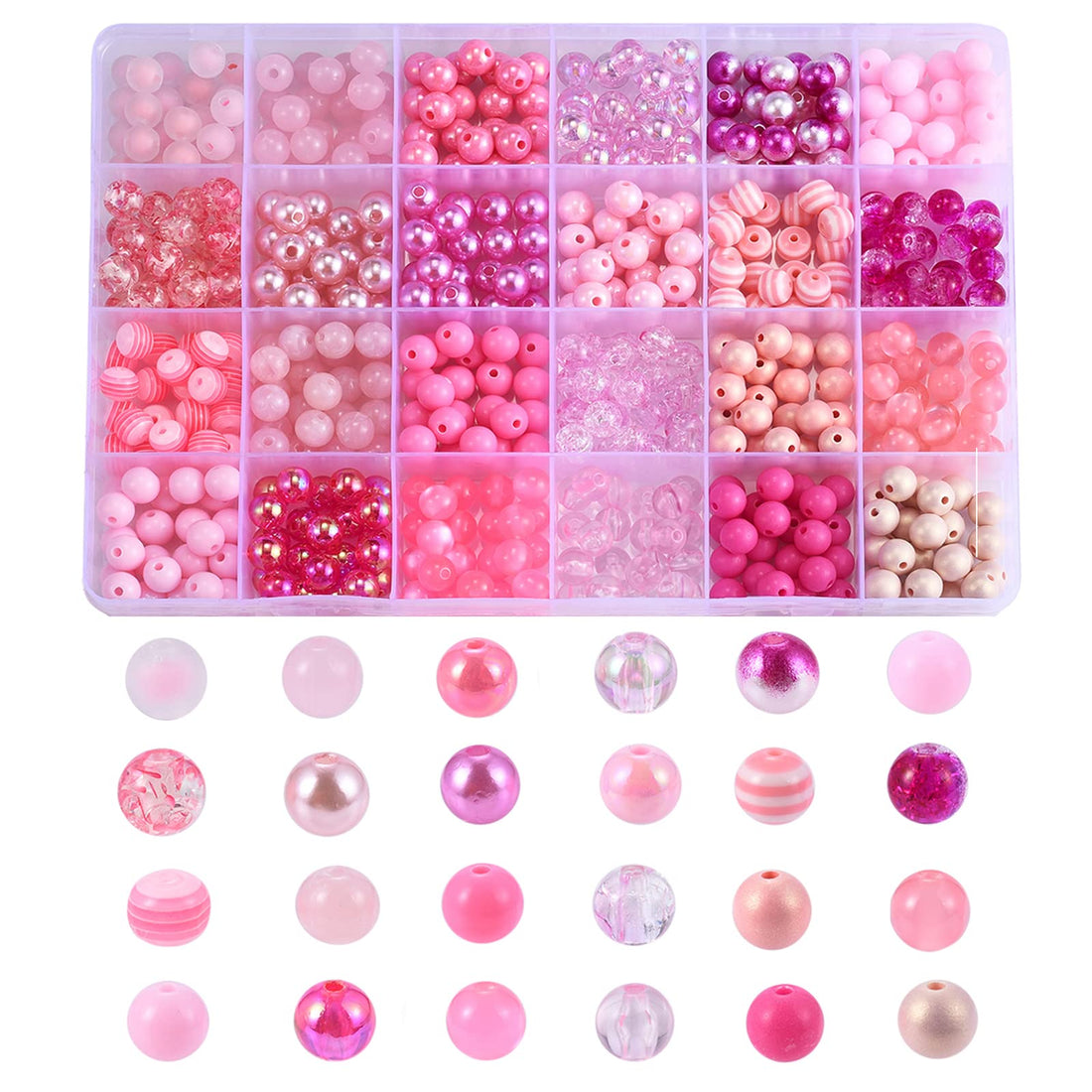 600Pcs 24 Style 8mm Round Beads Kits Include Assorted Acrylic Beads Resin Beads for DIY Bracelet Jewelry Making