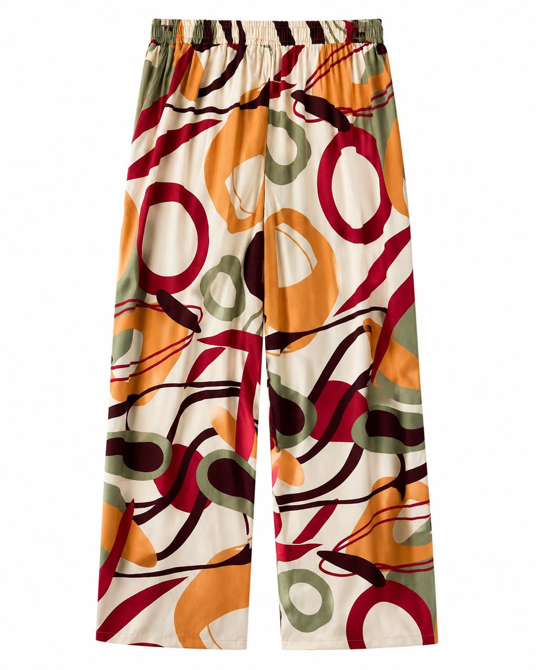 Lamasaty Women’s Cream Abstract Print Wide Leg Pants, Elastic Waist Palazzo Trousers, Flowy Casual Pants for Travel, Outings & Everyday Wear