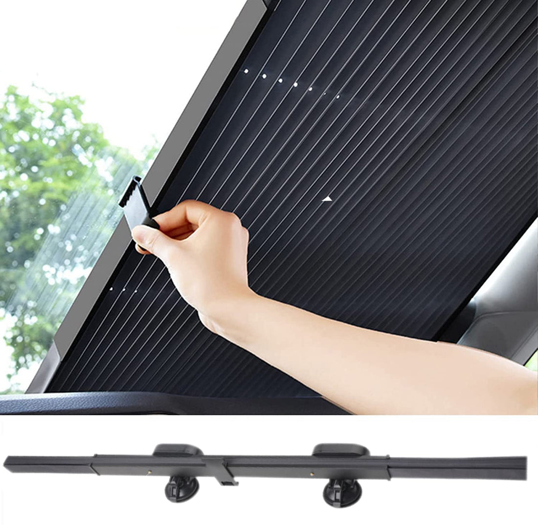 Retractable Windshield Sun Shade for Car, Large Sun Visor Protector Blocks 99% UV Rays to Keep Your Vehicle Cool, Auto Sunshade Fits Front Rear Window with Double Suction Cups (46CM/18.1IN)