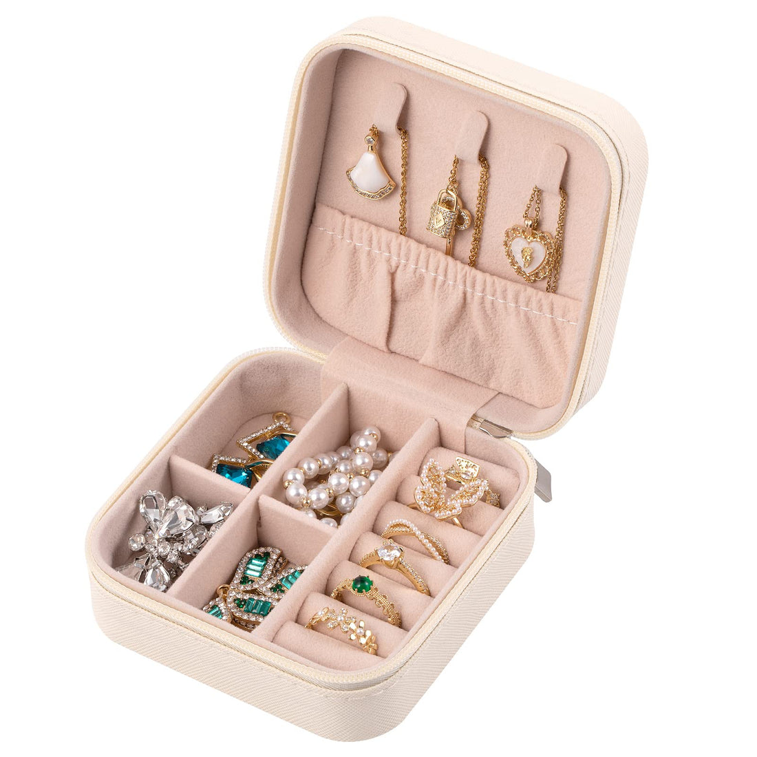 Small Travel Jewelry Organizer - Zipper Mini Jewelry Case, Portable Display Storage Box for Women & Girls (White)