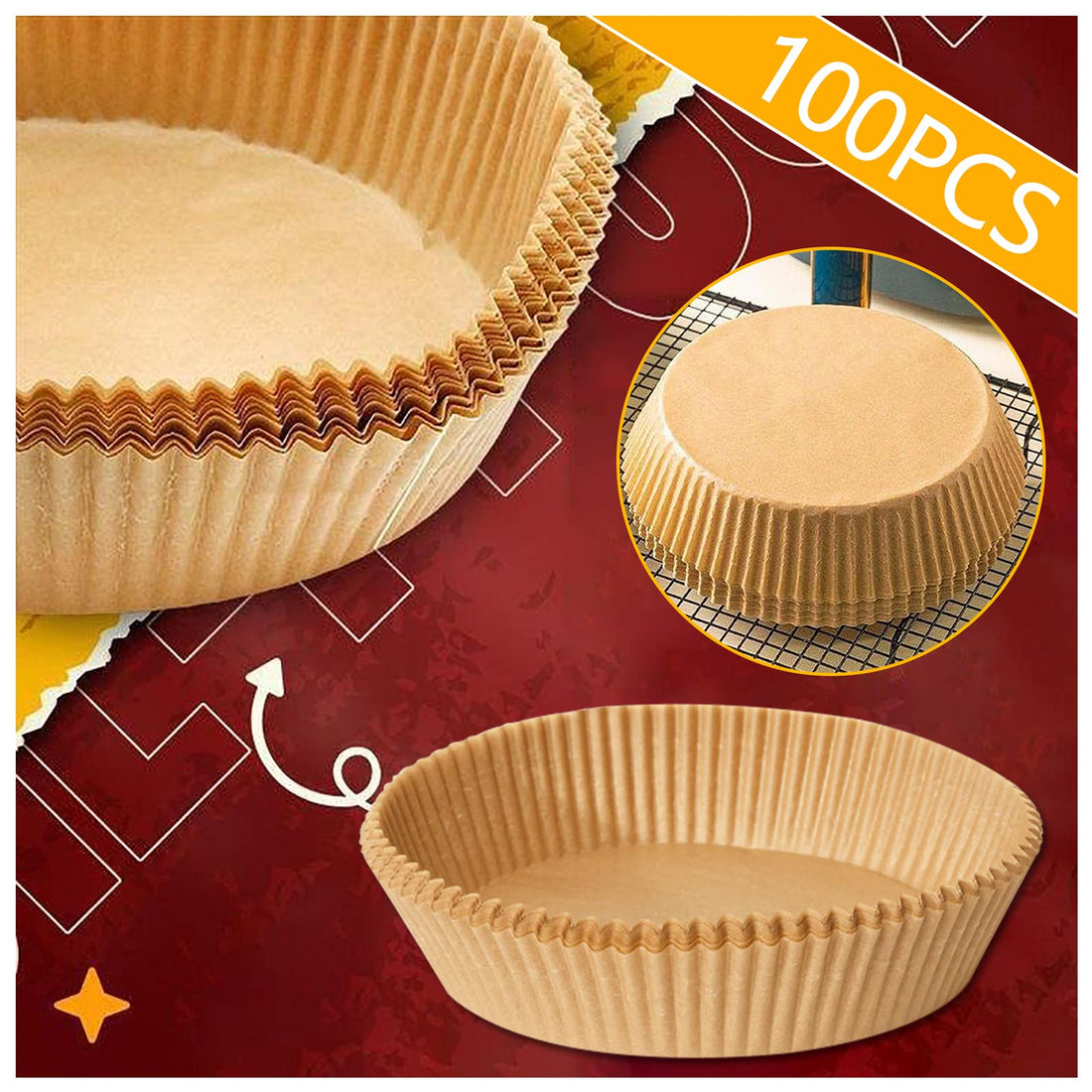 Air Fryer Disposable Paper Liner, Air Fryer Liners Round Parchment Paper Unperforated Non-Stick Paper for Roasting Microwave Kitchen Home Supplies (Brown/100PC/6.3in)