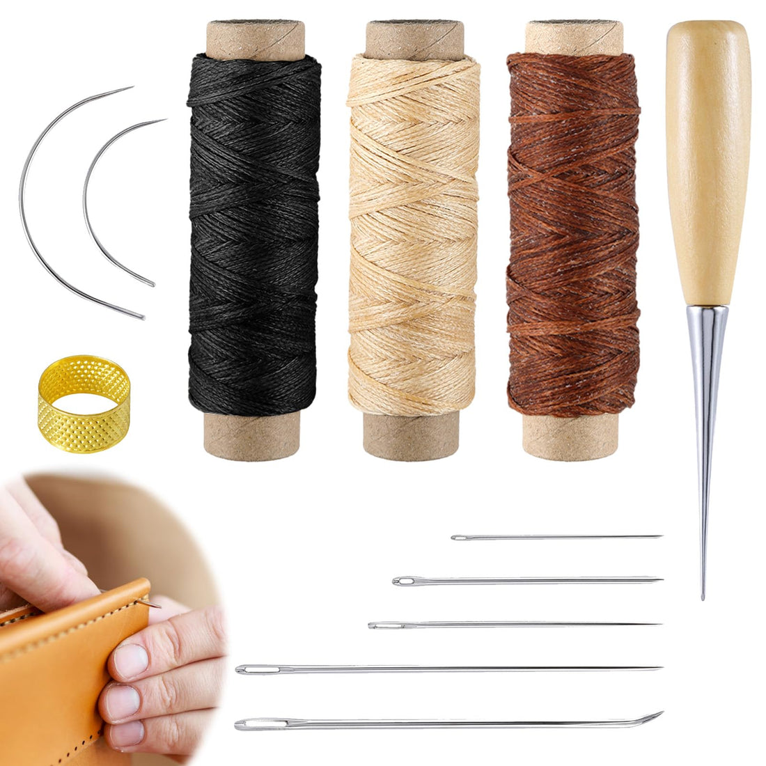 JAZZEEL Leather Sewing Needle Kit, 12-Piece Set with Curved & Straight Needles, Awl & Waxed Thread for Repairing Leather, Fur, Canvas, Bookbinding, and DIY Creative Embroidery Projects