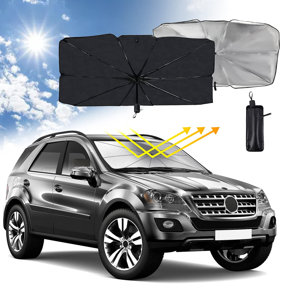 Windshield Sunshade, Car sun shade for front window, UV rays and heat sun visor protector, foldable reflector windshields umbrella for SUV, Pickup trucks, Mid-size car, RV (Black, 57.0831.1 inch)