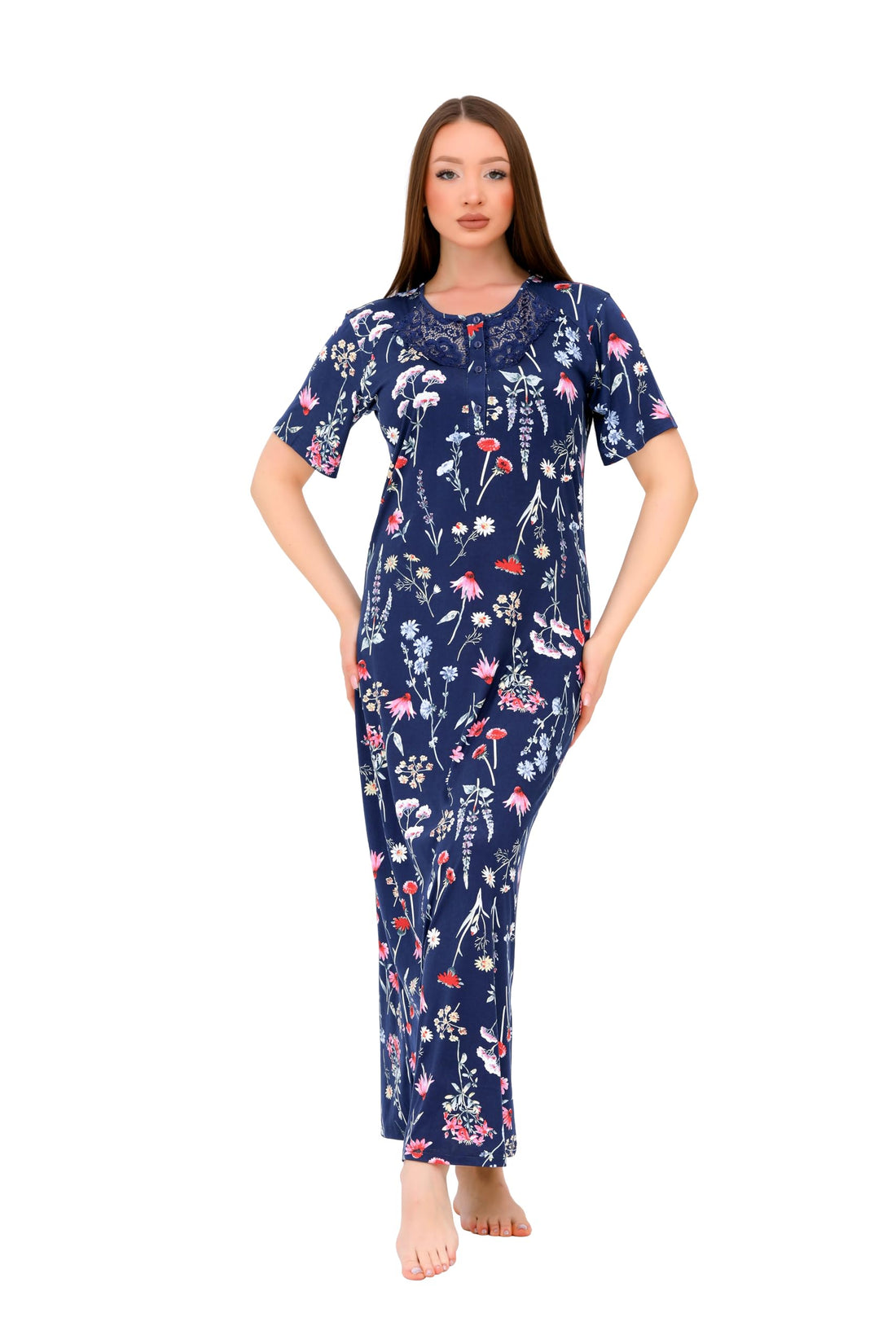 Women's Floral Print Long Nightgown, Polyester, Navy & Olive, Short Sleeve Elegant Lace Detail