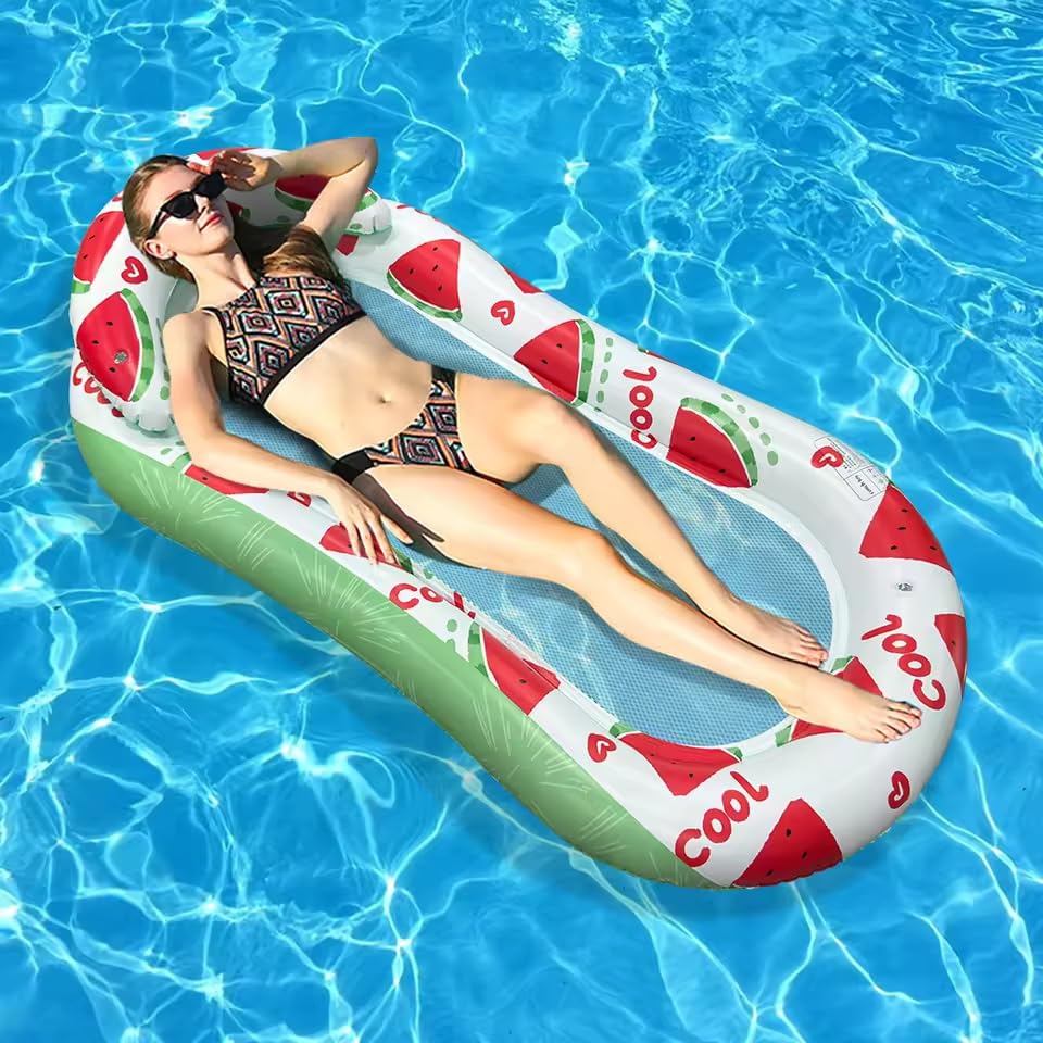 Inflatable Water Hammock Pool Hammock with Headrest Bath Hammock Water Air Mattress with Net for Children Adults; For Summer Pool, Beach, Lake & Parties (Watermelon)