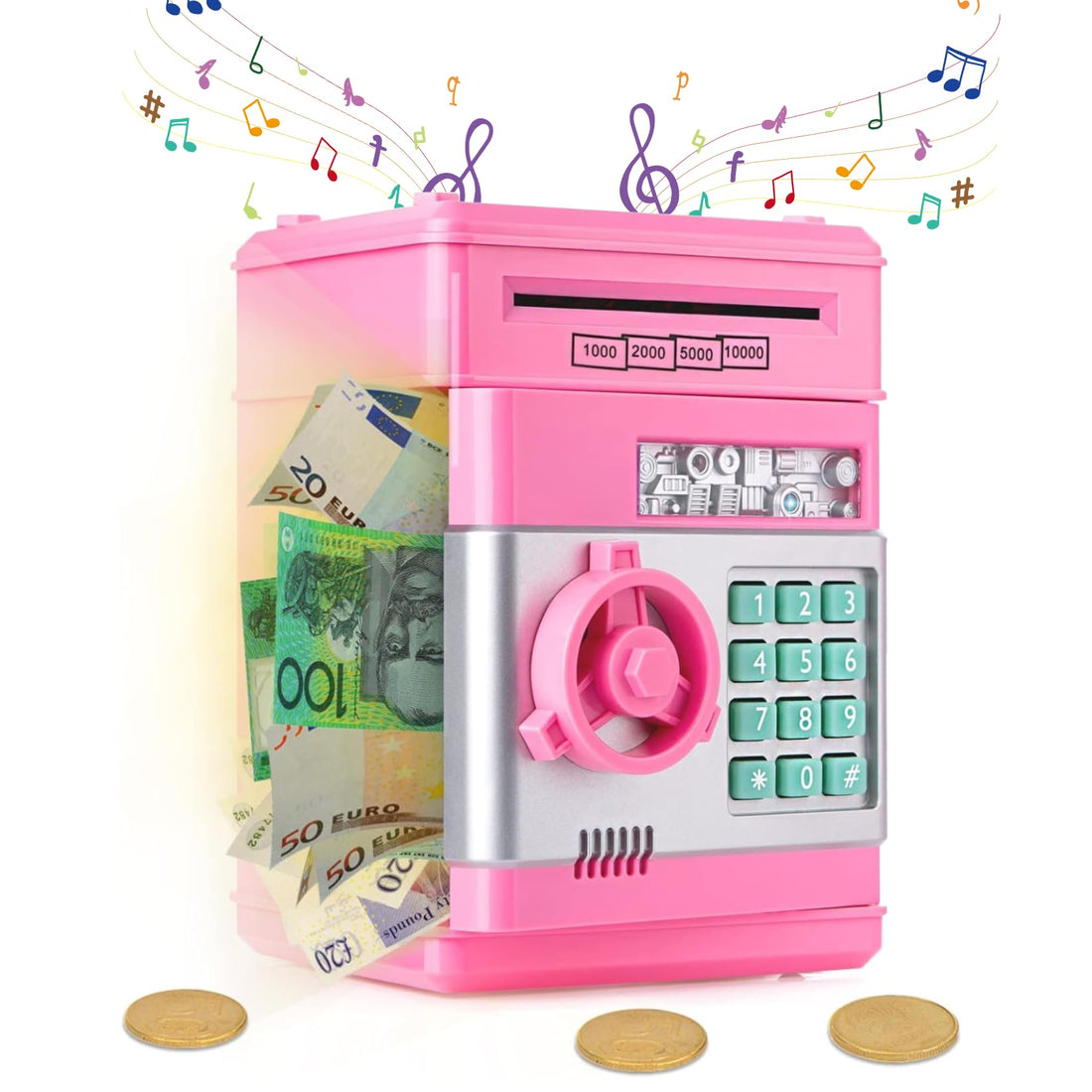 Tucorresi Electronic Piggy Bank for Kids, Child Safe with Password, Automatic Scrolling Music, Automatic Safe with Code/Music, Holiday Gift for Boys and Girls