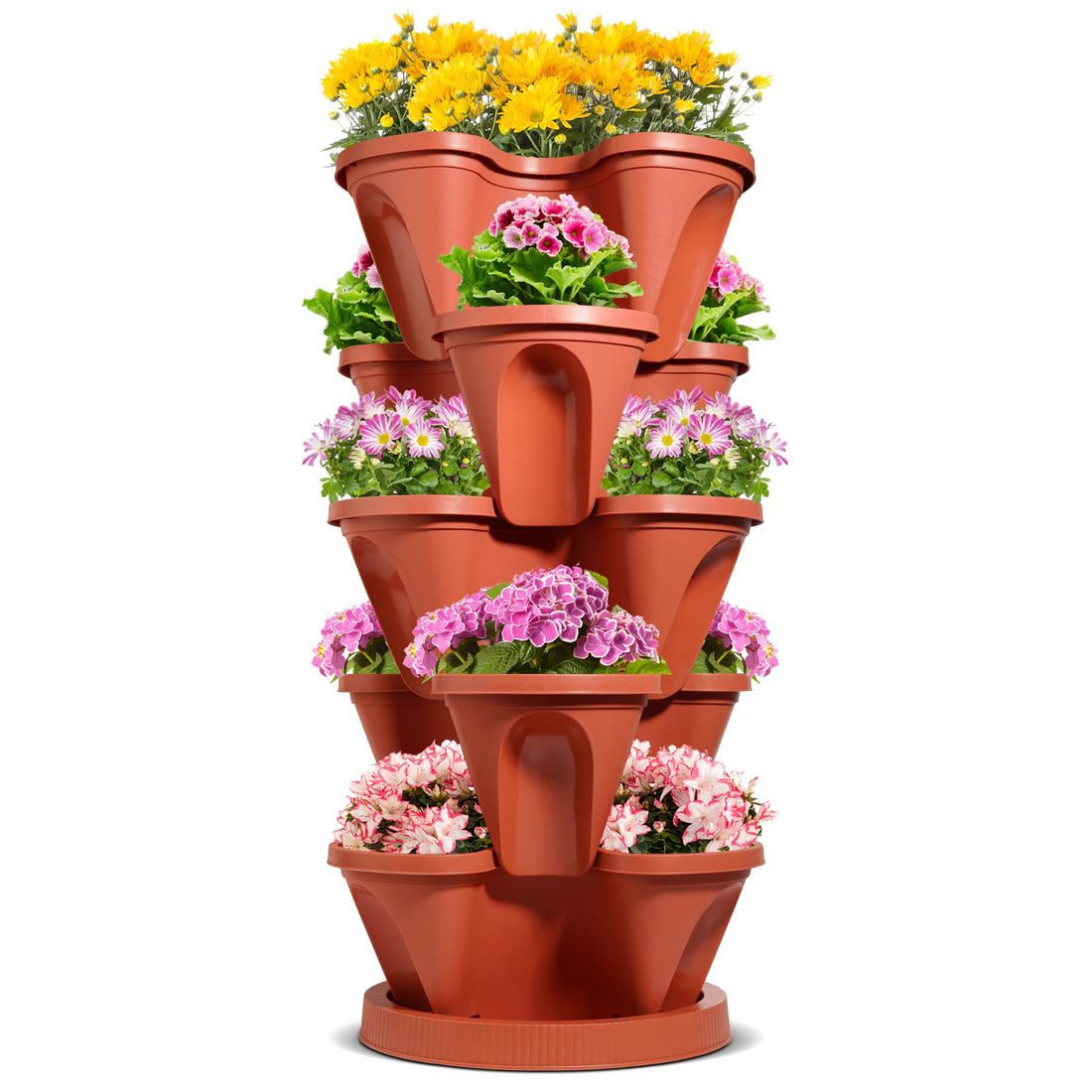 T4U Large Vertical Garden Tower Planter 5 Tier - Plastic Stackable Strawberry Planter Tiered Herb Pot, Stacking Grow Tower Gardening Pot for Indoor Outdoor Balcony Lettuce, Vegetables and Flower Plant