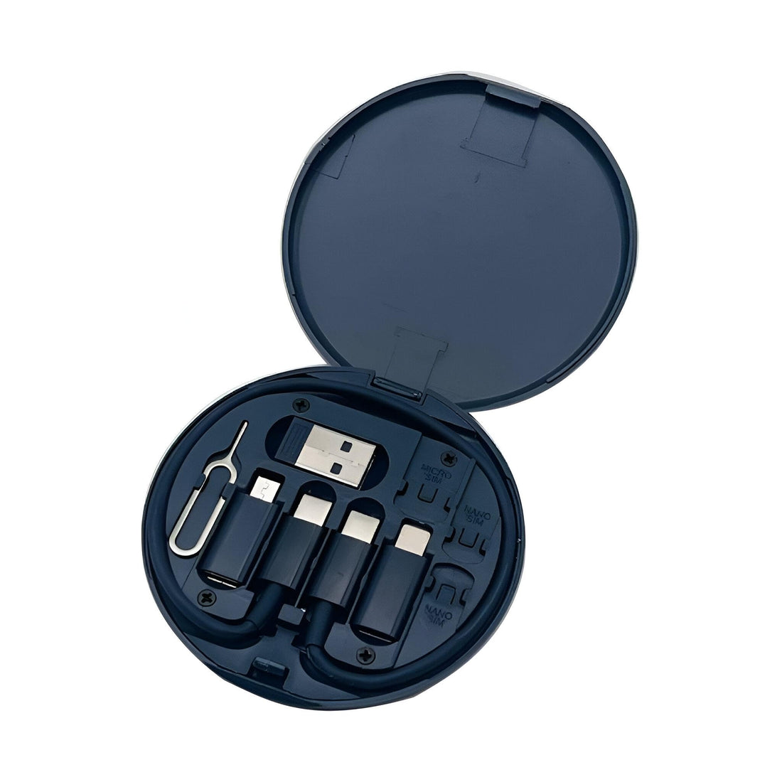 Multi-Type Adapter - Compact cable management kit with USB converter, SIM card holder, phone stand and micro data transmission device