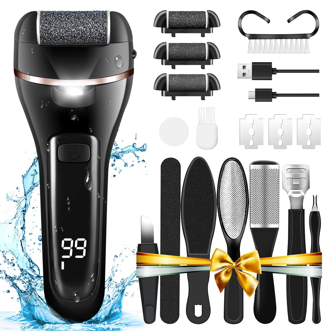 Foot Callus Remover,جهاز تقشير الجلد الميت للقدمينFeet care,Xkimos 18 in 1 Callous Remover Kit for Remove Cracked Heels and Dead Skin, Rechargeable Pedicure Tools Feet Care File,Battery Display(Black)