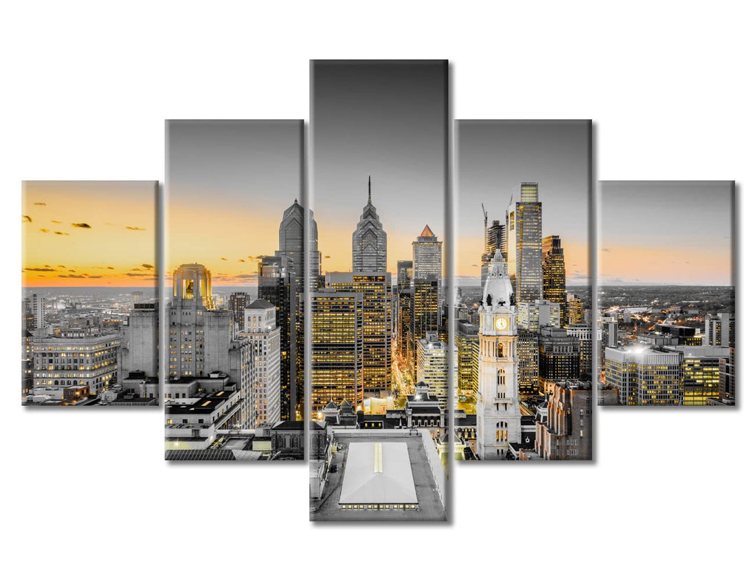 TUMOVO American Cityscape Canvas Wall Art Philadelphia Pennsylvania USA Downtown City Skyline Artwork Pictures Black and White Wall Art 5 Panel Posters and Prints Framed Ready to Hang (60" Wx40 H)
