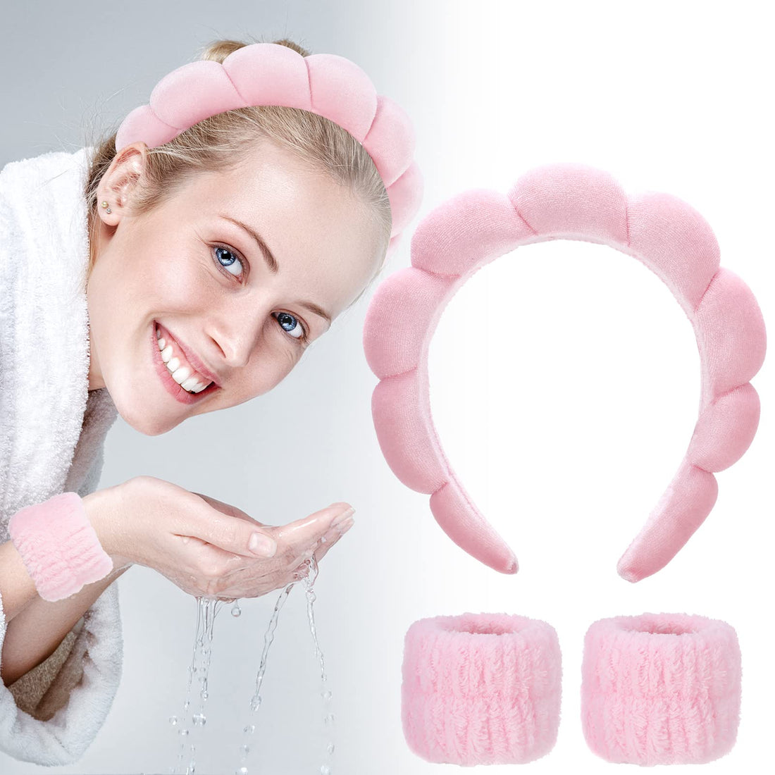 FRIUSATE 3 PCS Spa Headband Wrist Washband Set, Puffy Headband Bubble Headband for Women Girls, Makeup Headband and Wristband for Skincare, Face Washing, Makeup Removal, Shower(Pink)