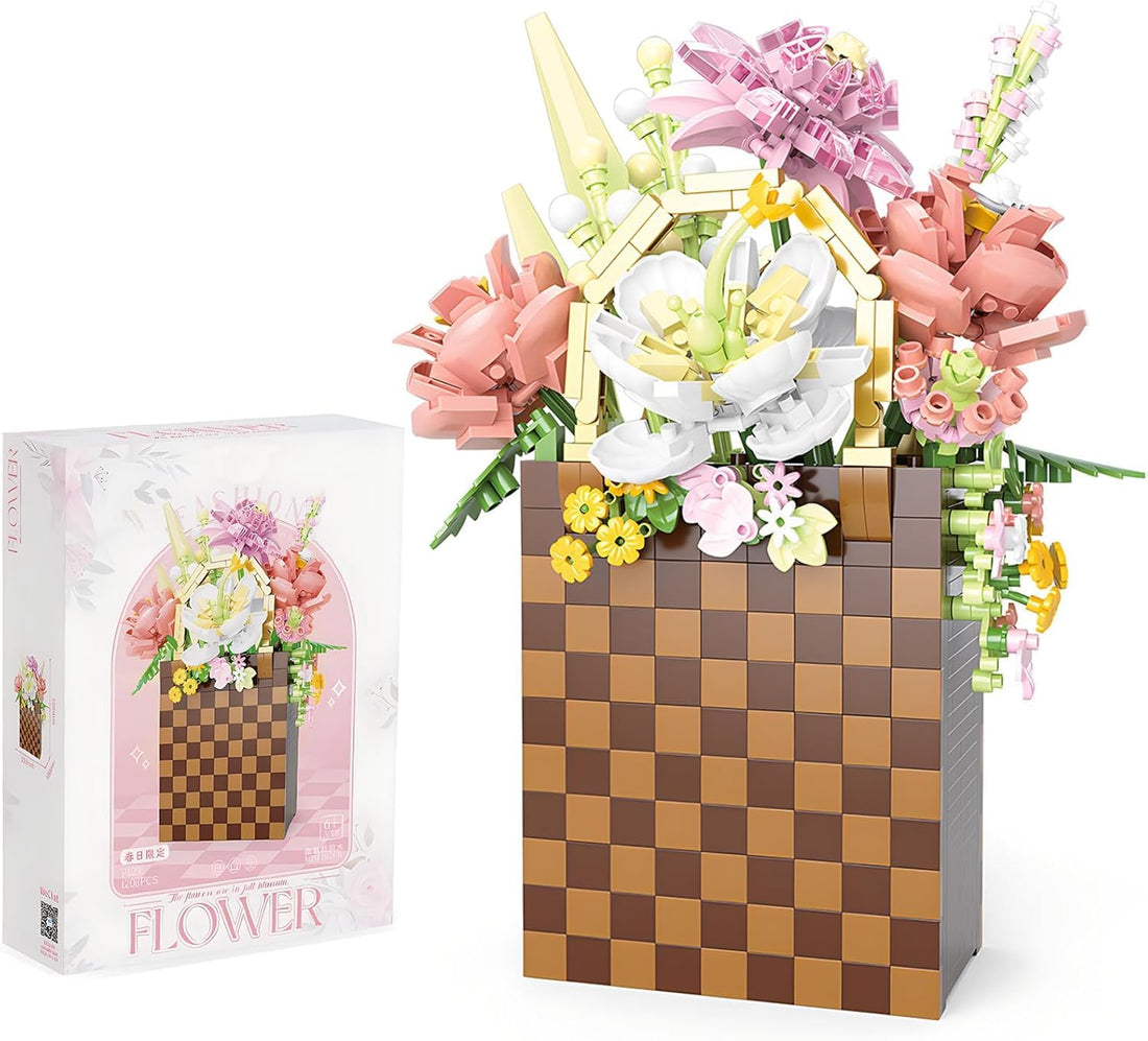 TOYS LAND Flower Bouquet Building Blocks Set, Artificial Flower Basket Building Blocks Set 1208PCS Mini Bricks Kit, Plants Building Kit for Home Decor, Birthday Gifts for Kids Aldult Women (Flowers A)