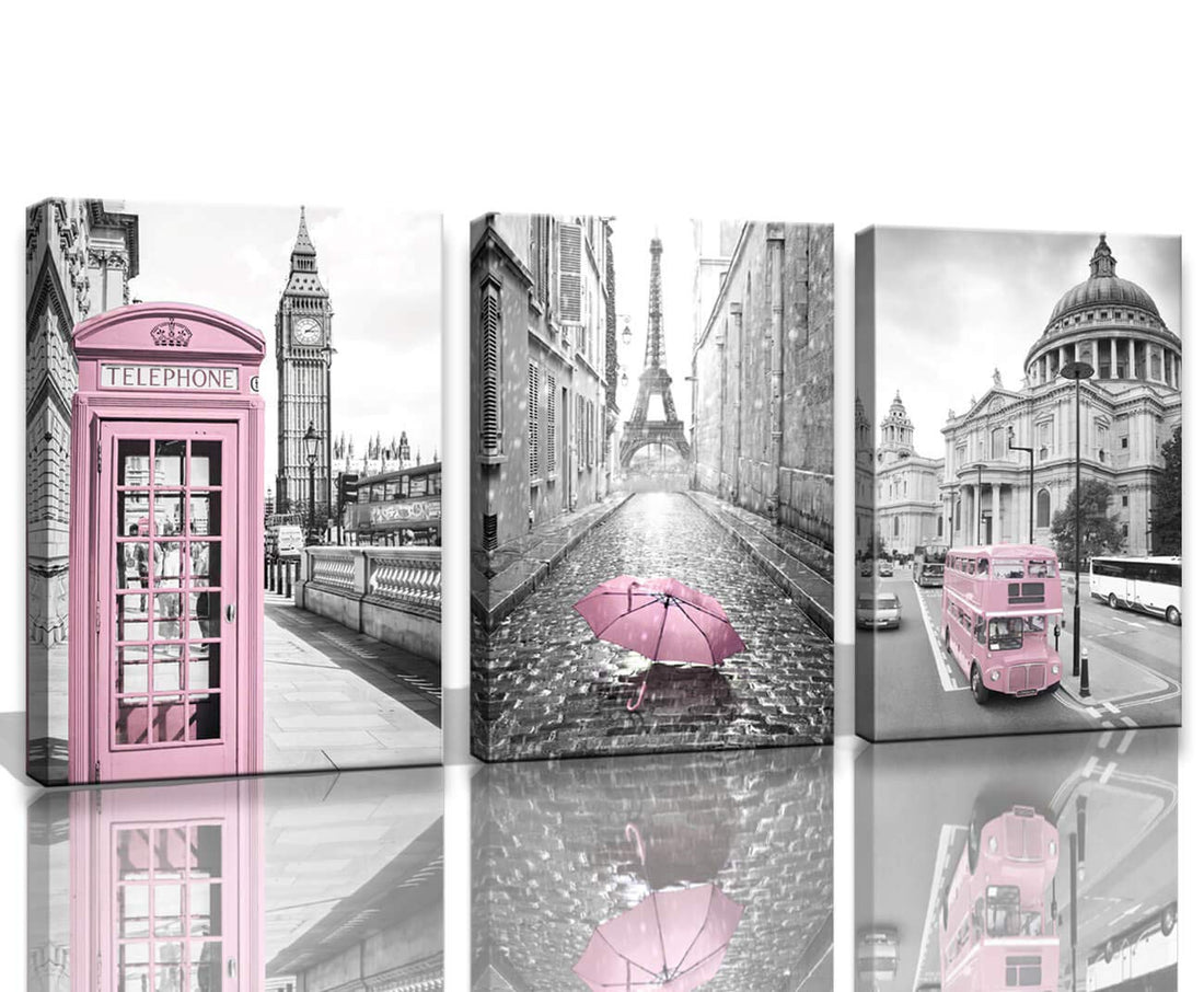KAKEMONO Eiffel Tower Decor for Bedroom for Girls Pink Paris Theme Room Decor Wall Art Canvas Black and White Art Pictures Decorations London Big Ben Tower Painting Framed