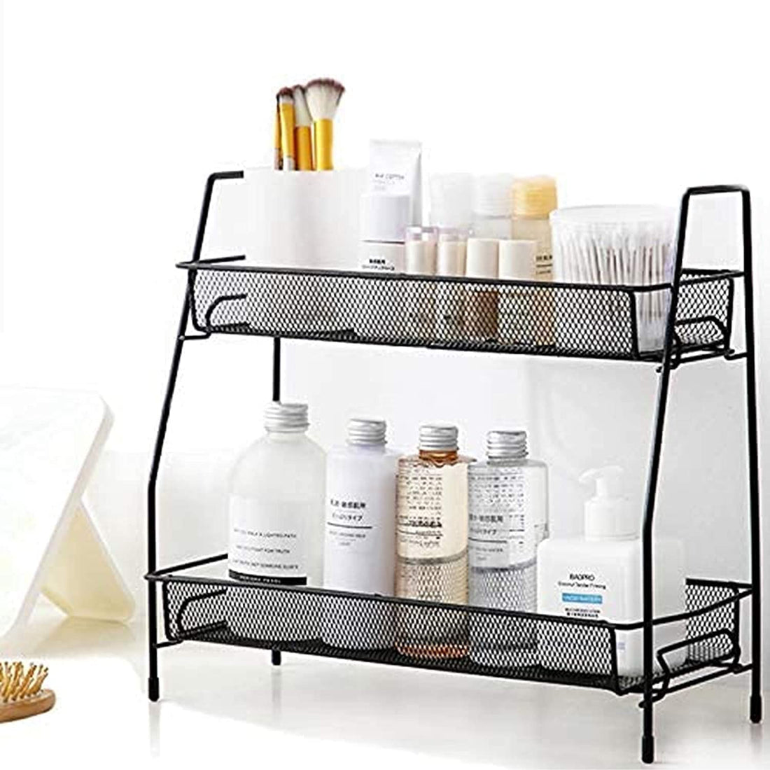 Lukzer Spice Rack Organizer for Counter top Space Saving 2 Tier Metal Shelf Stand for Office Kitchen Pantry Bathroom (36 x 14 x 33 cm/Black)