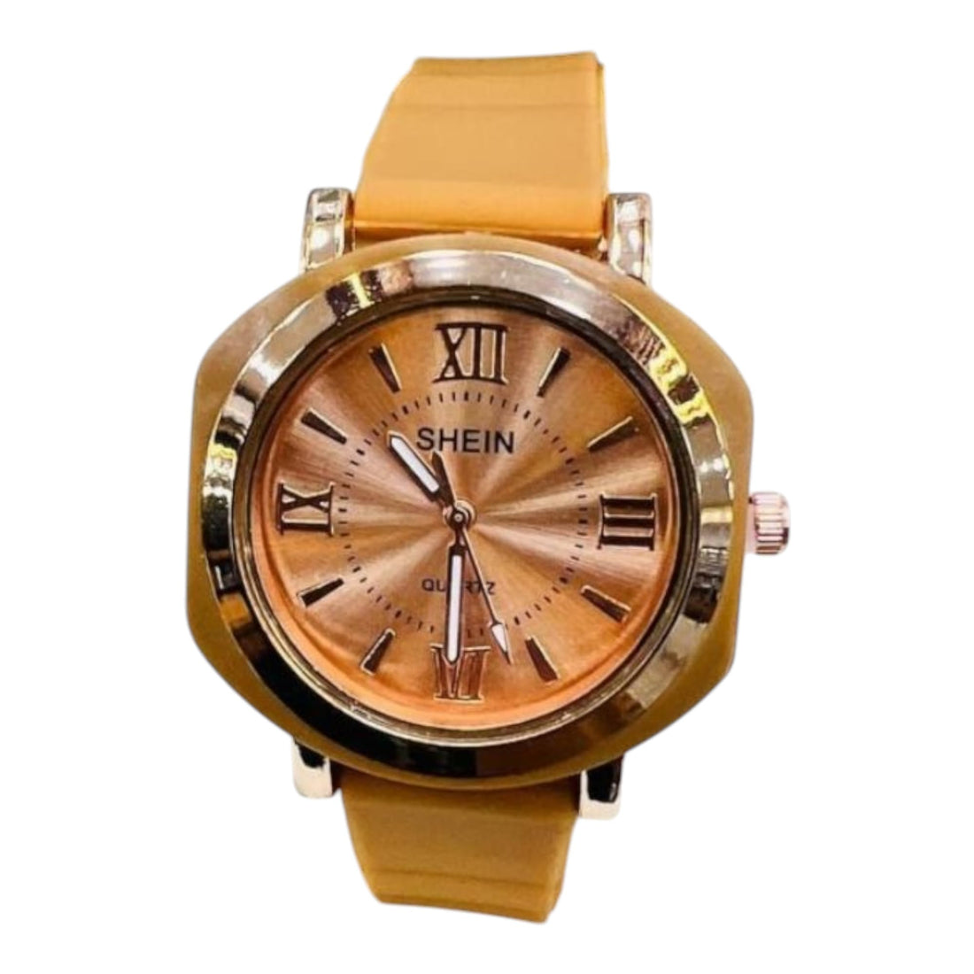 Women's Quartz Watch, Orange Silicone Strap, Rose Gold Dial, Roman Markers
