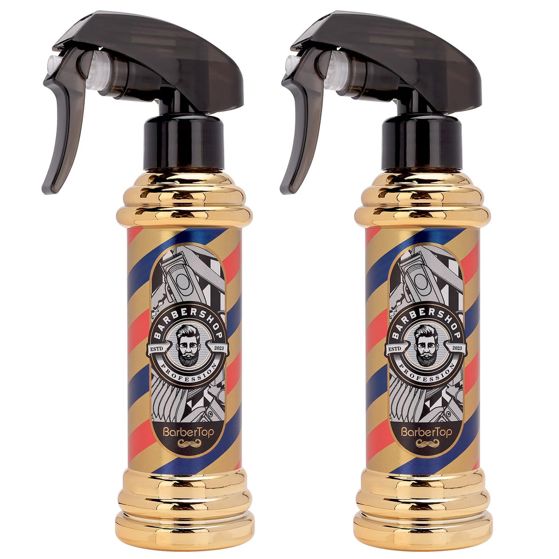 ZIBARBER 2PCS Hair Bottles,Professional Barber Spray Bottle Retro Stripes Empty Hairstyling Reusable Large Capacity Hair Spray Can for Hairdresser (Gold)