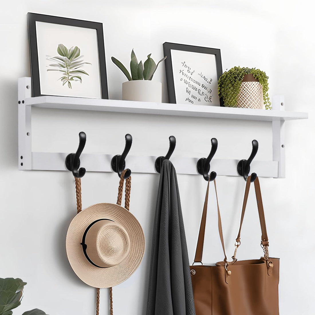 Tatub 29'' Coat Rack Wall Mount with Shelf, Wood Wall Hooks with Storage, Entryway Shelf with 5 Coat Hangers for Bathroom, Living Room, Bedroom, White
