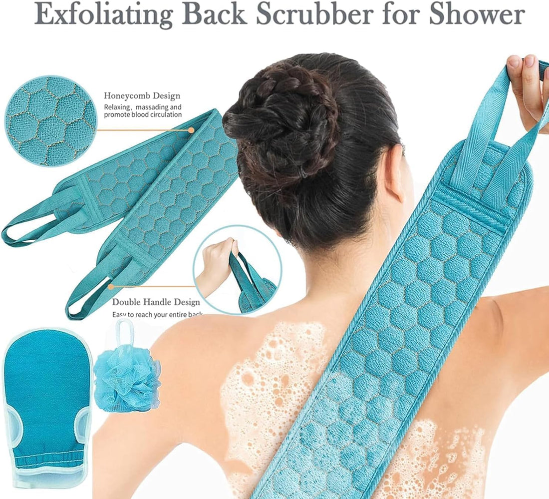 Shower Loofah Set – 3-Piece Exfoliating Kit With Moroccan Bath Glove, Soft Body Sponges & Back Scrubber Strap For Women & Men – Deep Cleansing Bath Accessories For Smooth Skin Yewllo (Pink)