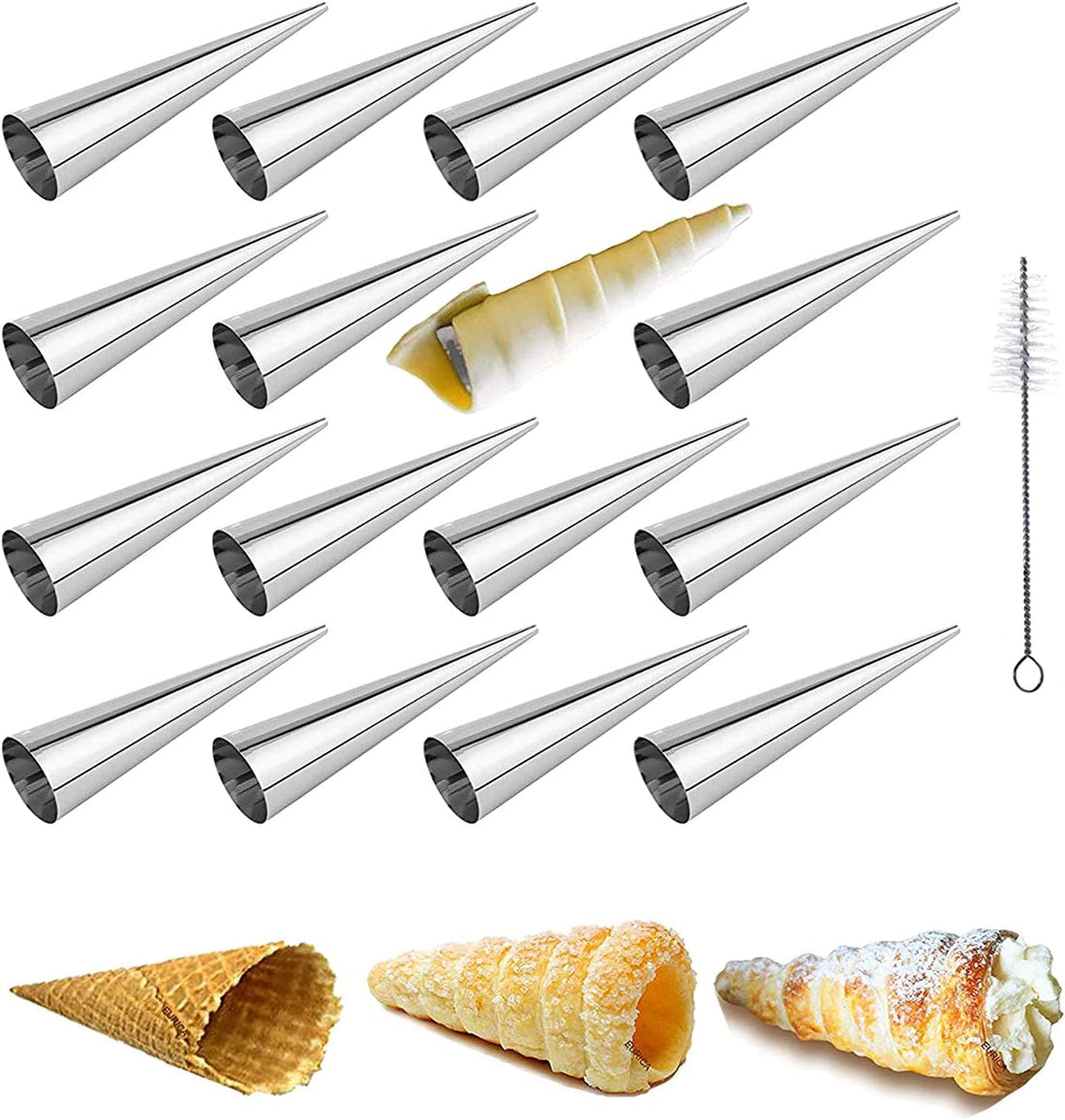RoseFlower 16Pcs Horn Cream Mould, 4.95 Inch Stainless Steel Cone Mould, Stainless Steel Horn Tube Baking Mold, for Baking Croissants, Egg Rolls, Danish Pastries etc