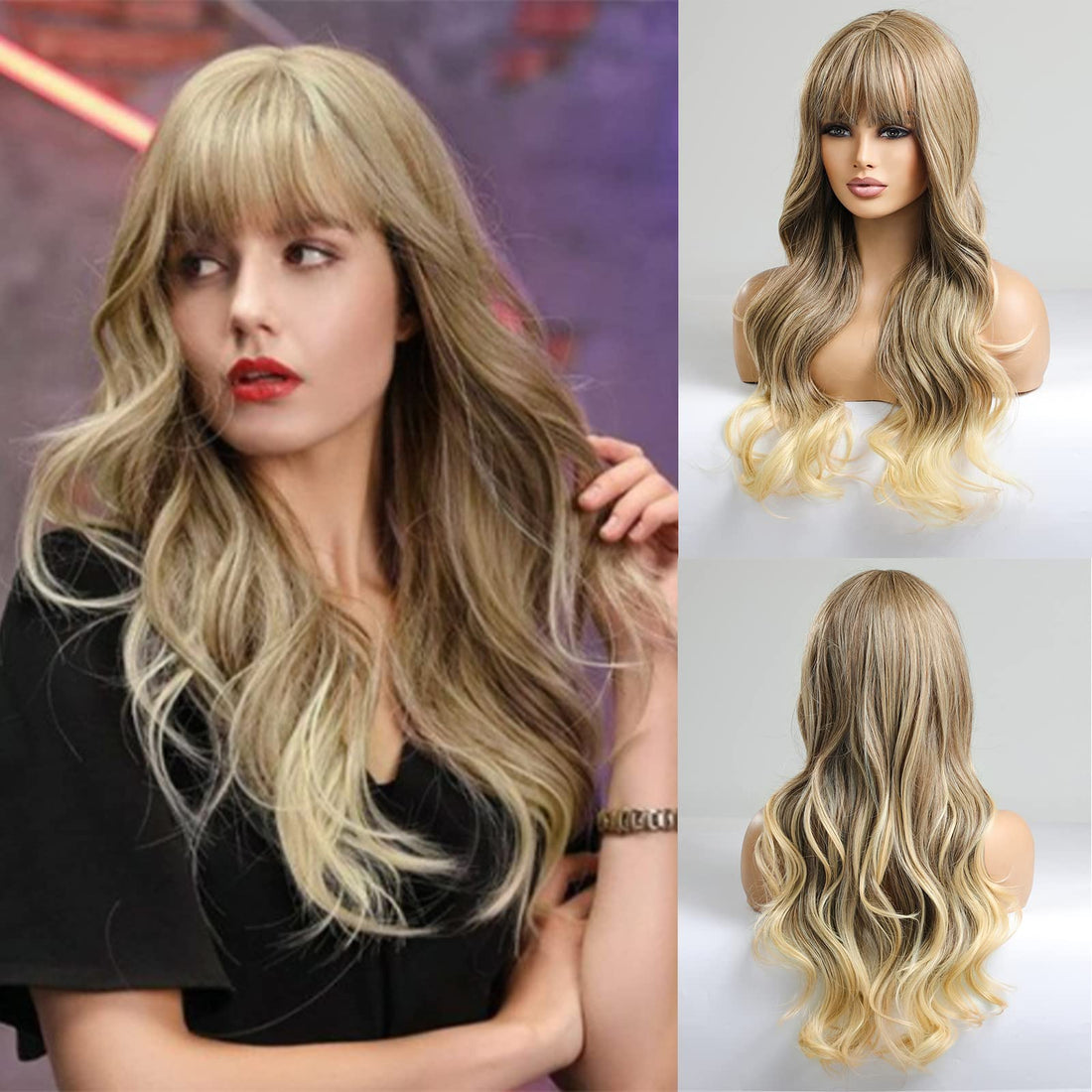 ECIF Long Ash Blonde To Blonde Wigs For Women Curly Hair Wig With Neat Bnags