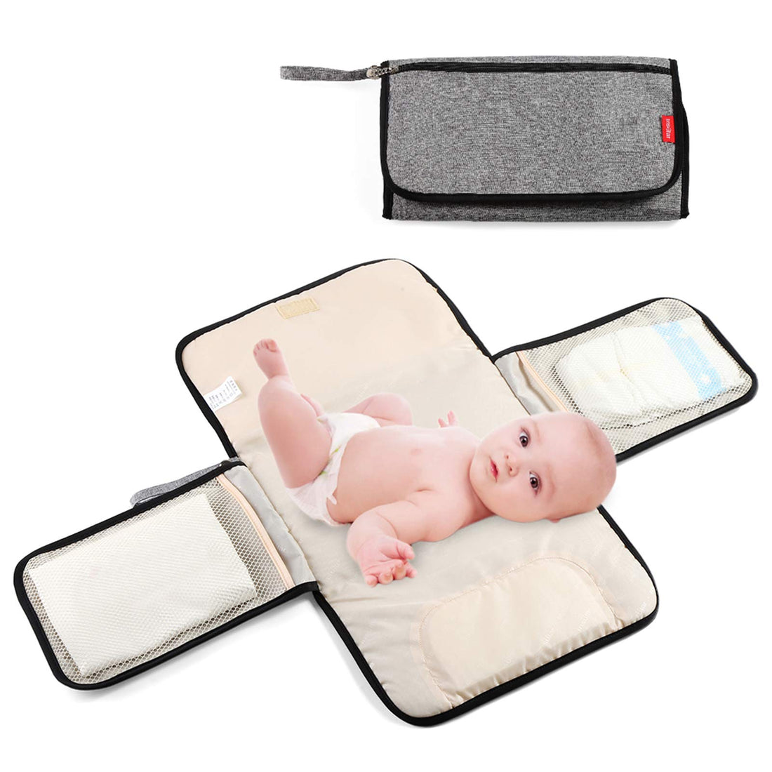 Moro Moro 3 Portable Baby Changing Pad, Grey Polyester Mat, Waterproof, Multiple Pockets, Travel Mat, Nappy Changing Bag For Infants Newborns