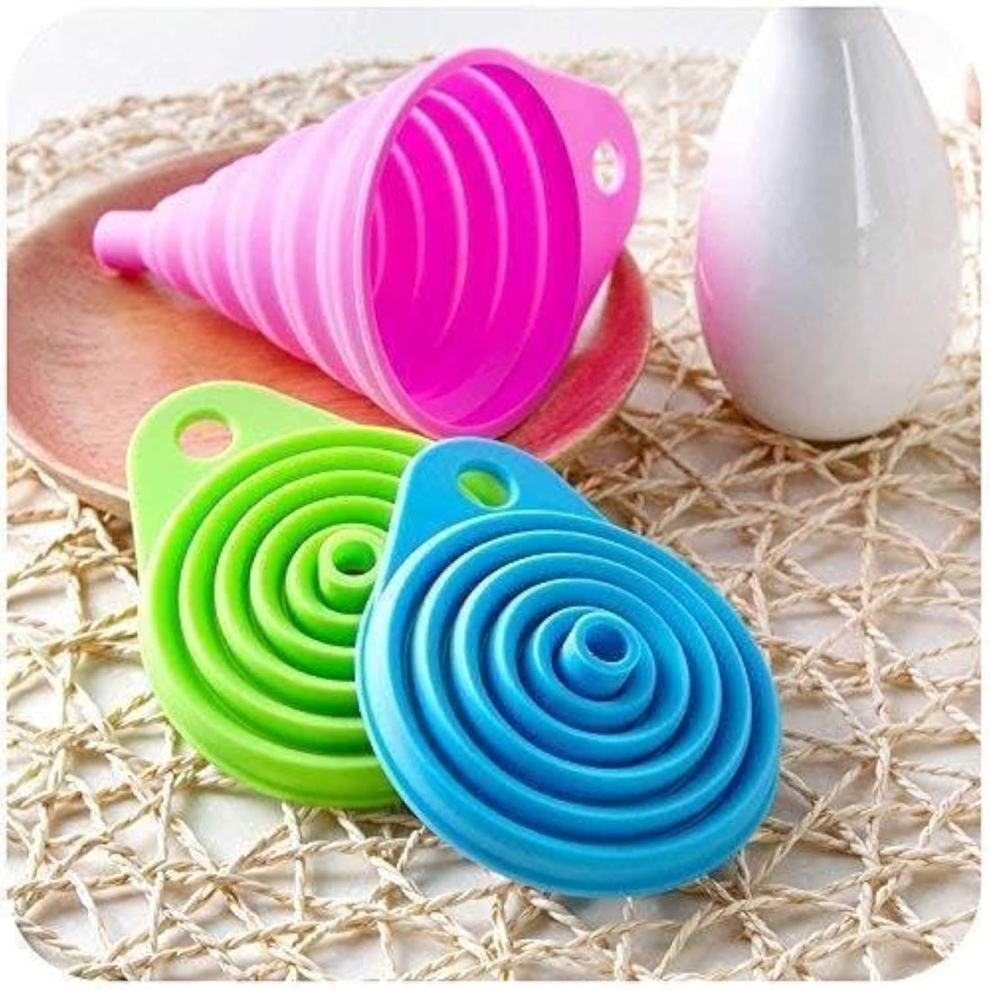Pack of 3 Collapsible Funnels - Made of Food Grade Silicone for Smooth Liquid and Powder Transfer - Perfect for Kitchen Cooking and Outdoor Camping, Now at Just Four.U.Store